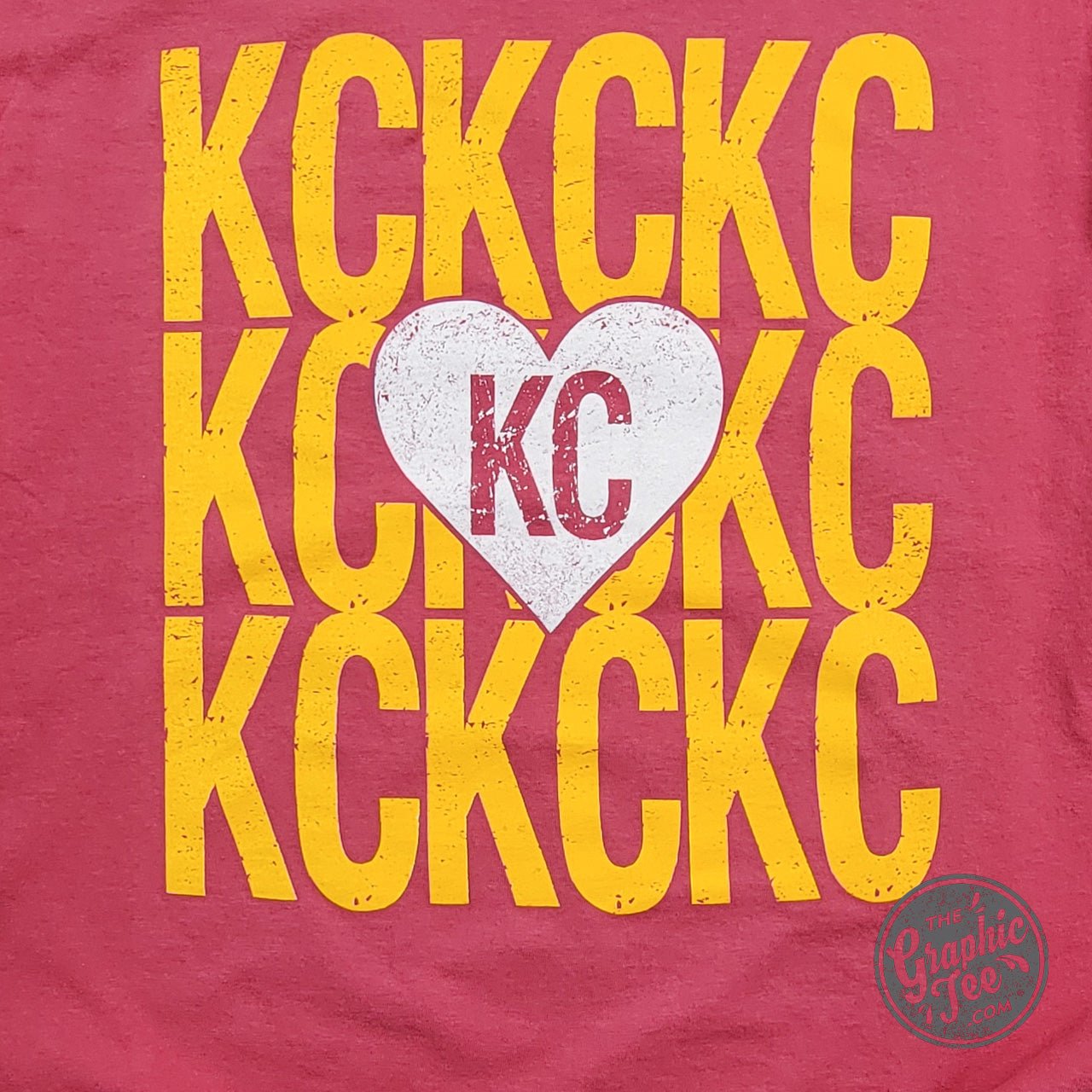Red heart graphic on KC KC KC Comfort Wash short sleeve crew neck tee by The Graphic Tee, casual men's T-shirt.