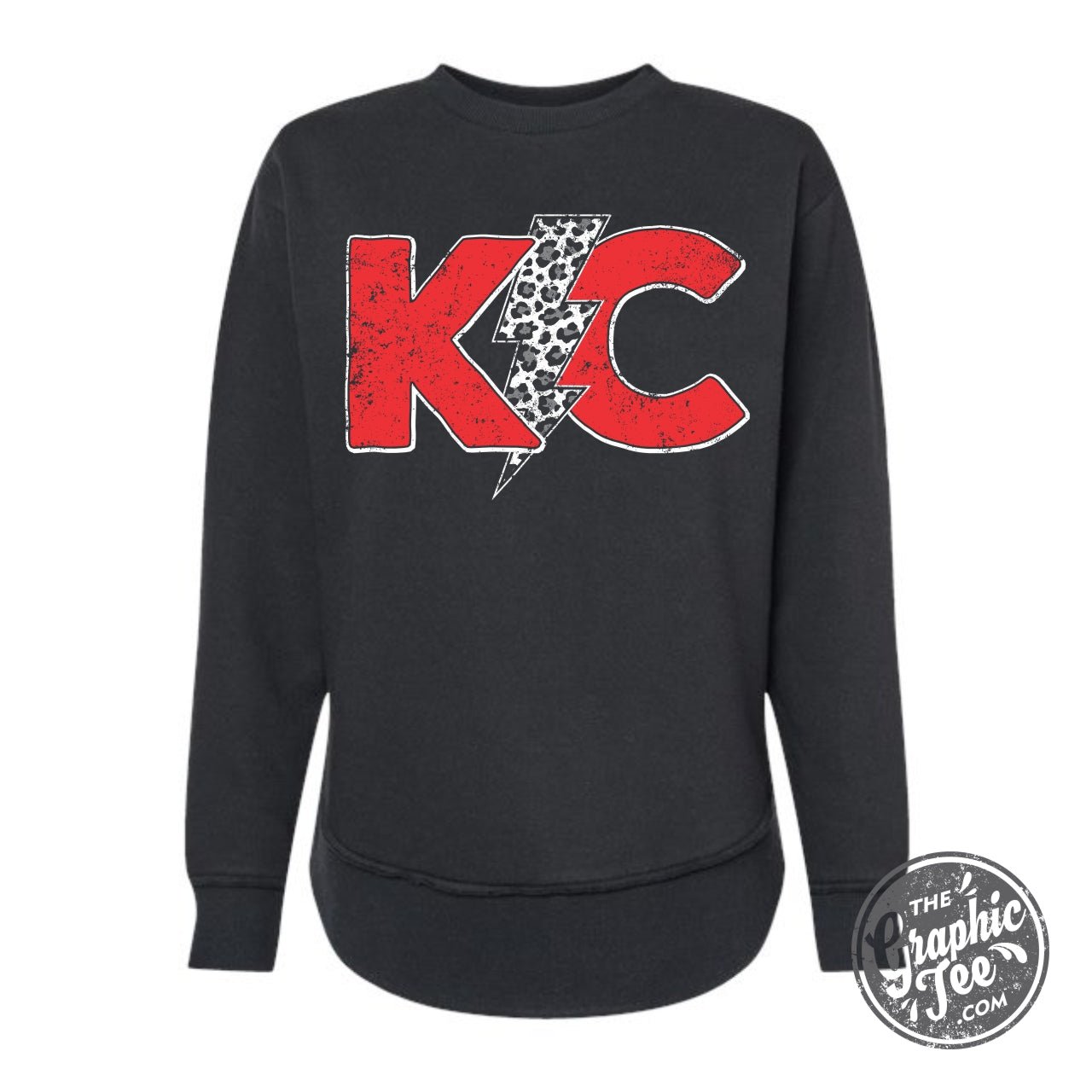 Black KC Lightning Bolt women's fleece sweatshirt with curved hem, featuring graphic lightning bolt design by The Graphic Tee.