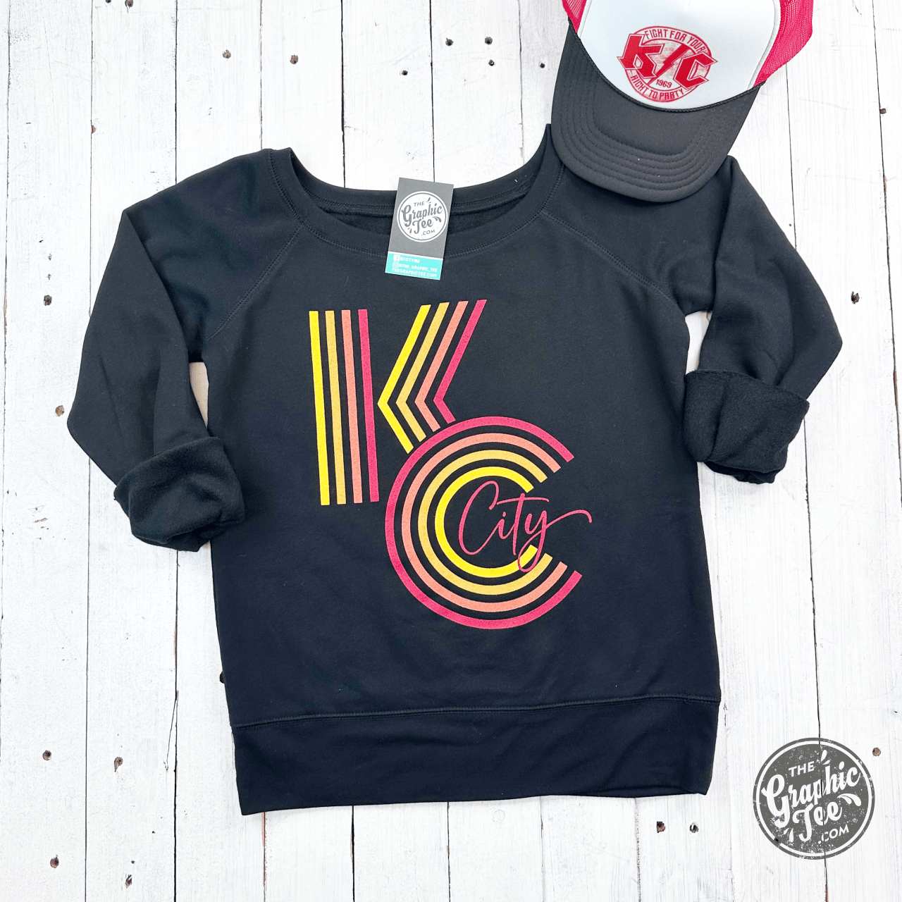 Black KC Ombre wide-neck sweatshirt for women from The Graphic Tee, featuring a relaxed fit and stylish ombre design.