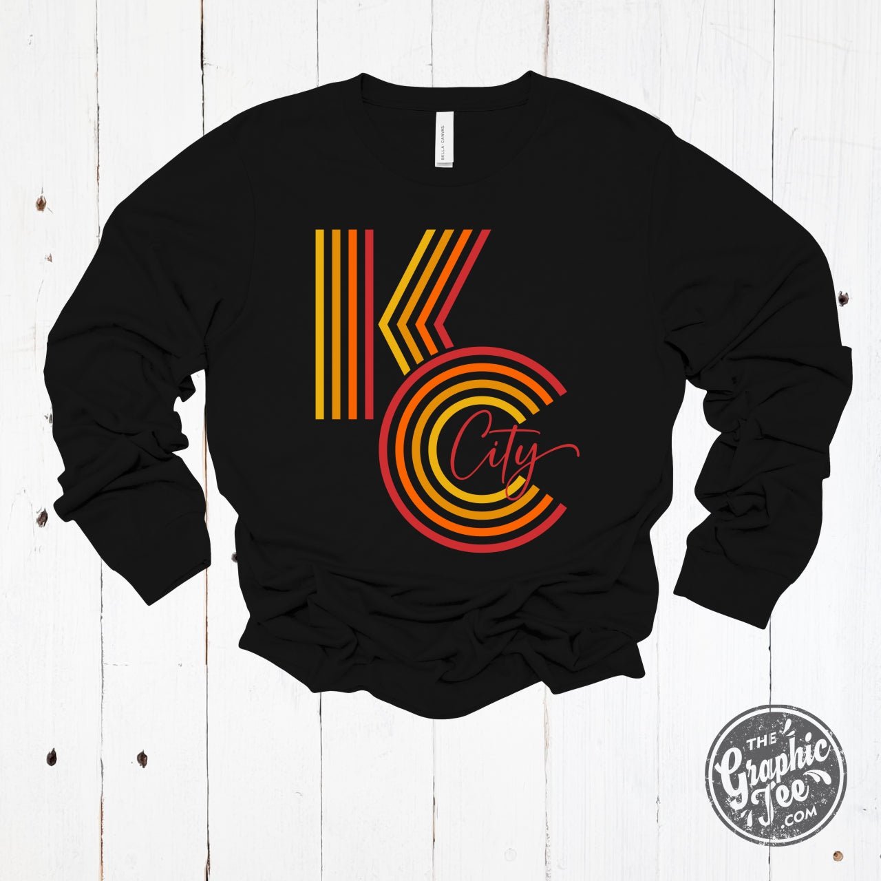 Black KC Ombre long sleeve graphic tee by The Graphic Tee, featuring a stylish ombre design on a comfortable long sleeve shirt.
