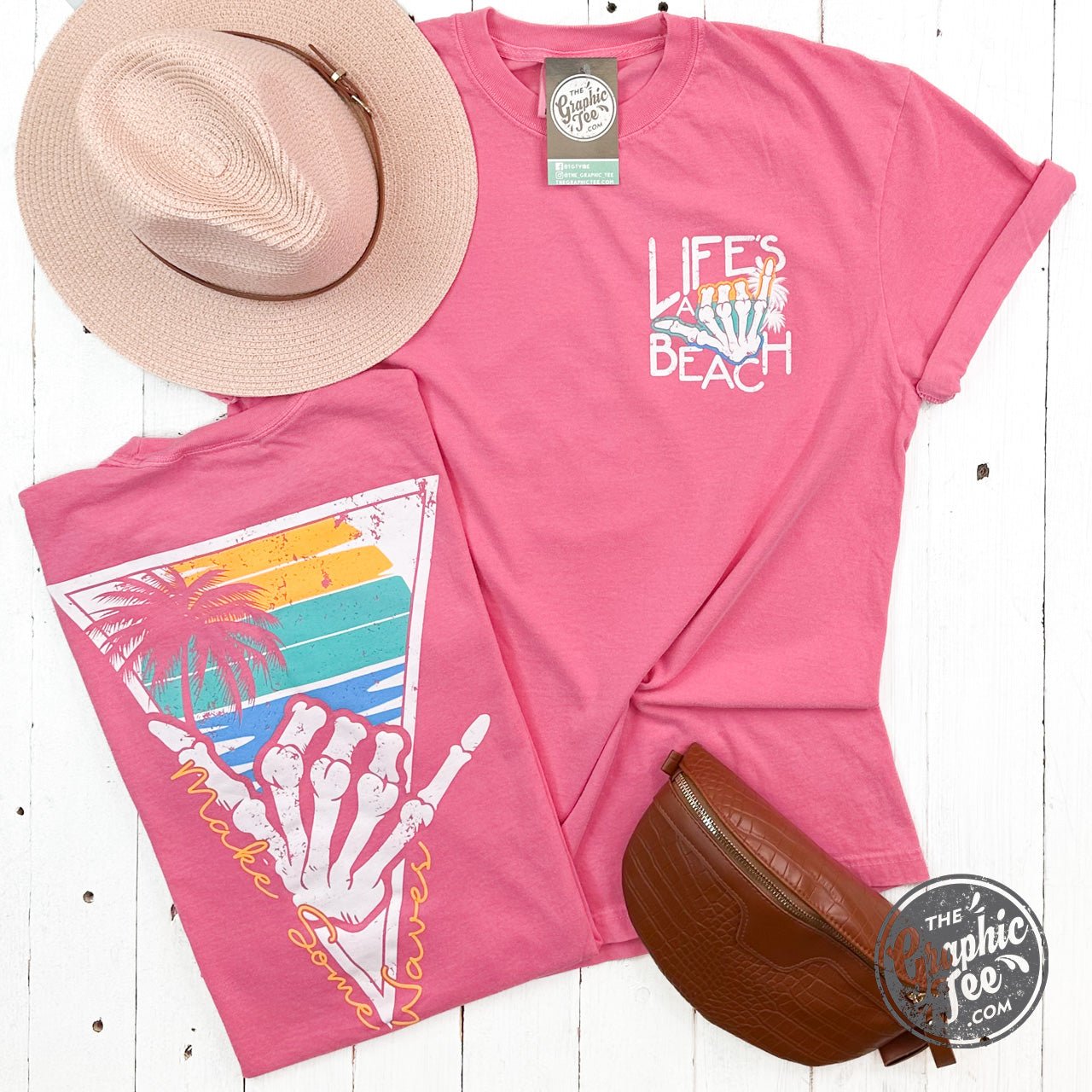 Life's a Beach Crunchberry garment dyed short sleeve graphic tee by The Graphic Tee, featuring a vibrant beach-themed design.