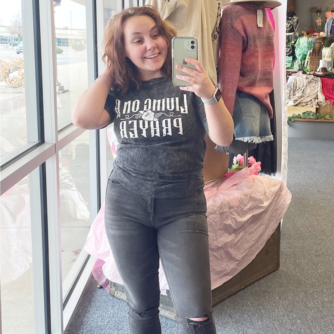 Black mineral wash crew neck short sleeve graphic tee by The Graphic Tee with "Living On A Prayer" print.
