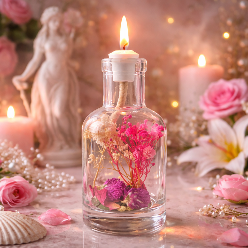 Aphrodite oil candle by Logos Candles with a decorative glass container and a lit wick, creating a warm, inviting glow.