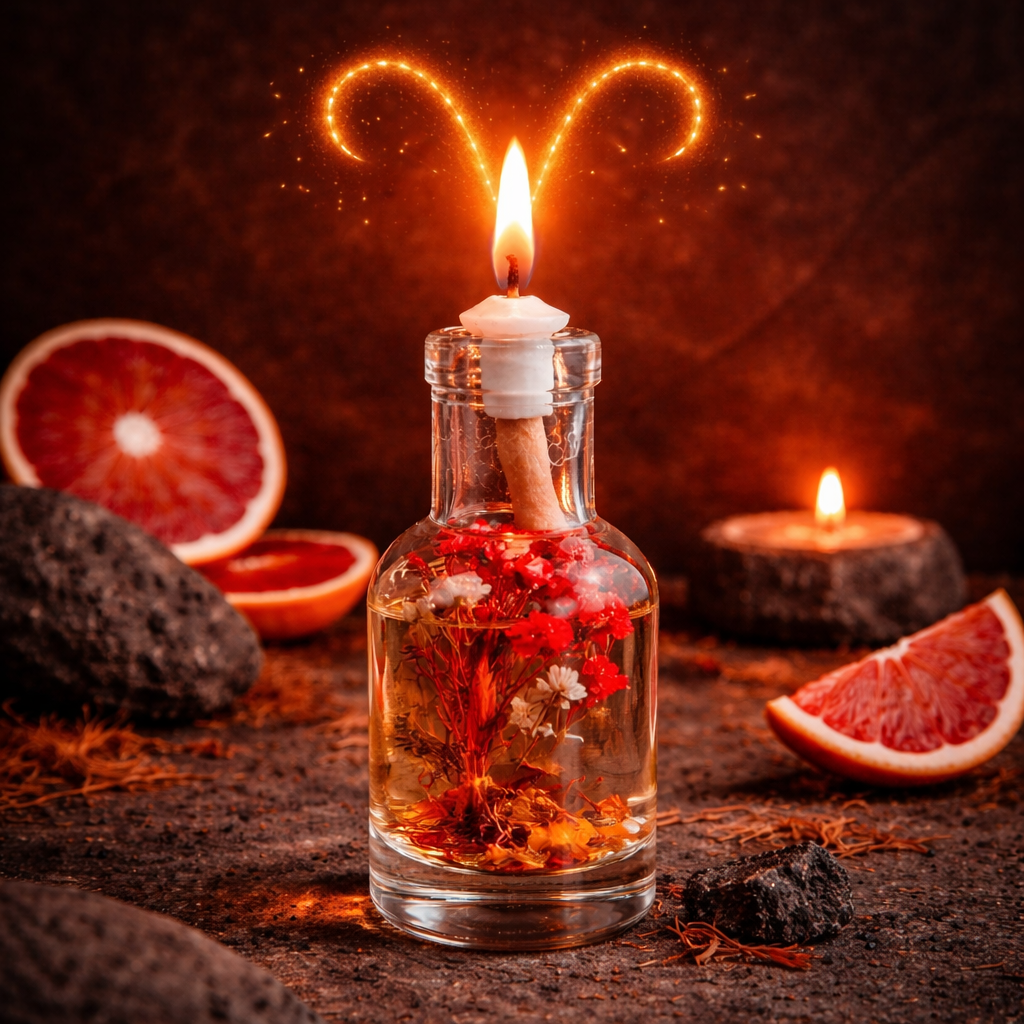 Logos Candles Aries oil candle with a decorative label and a lit wick, perfect for adding ambiance to any space.