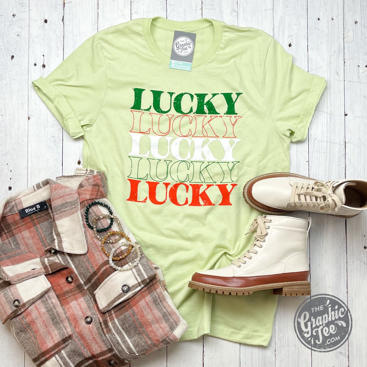 Gray short sleeve graphic tee from The Graphic Tee featuring the Lucky Lucky Lucky design on the front.