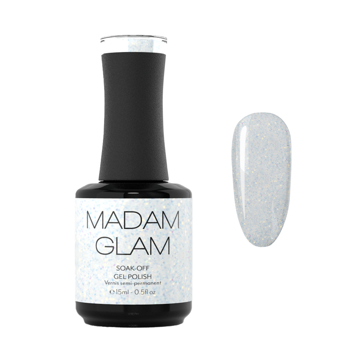 Madam Glam "Am I Clear?" nail polish bottle with clear cap and label, showcasing the brand's nail product.
