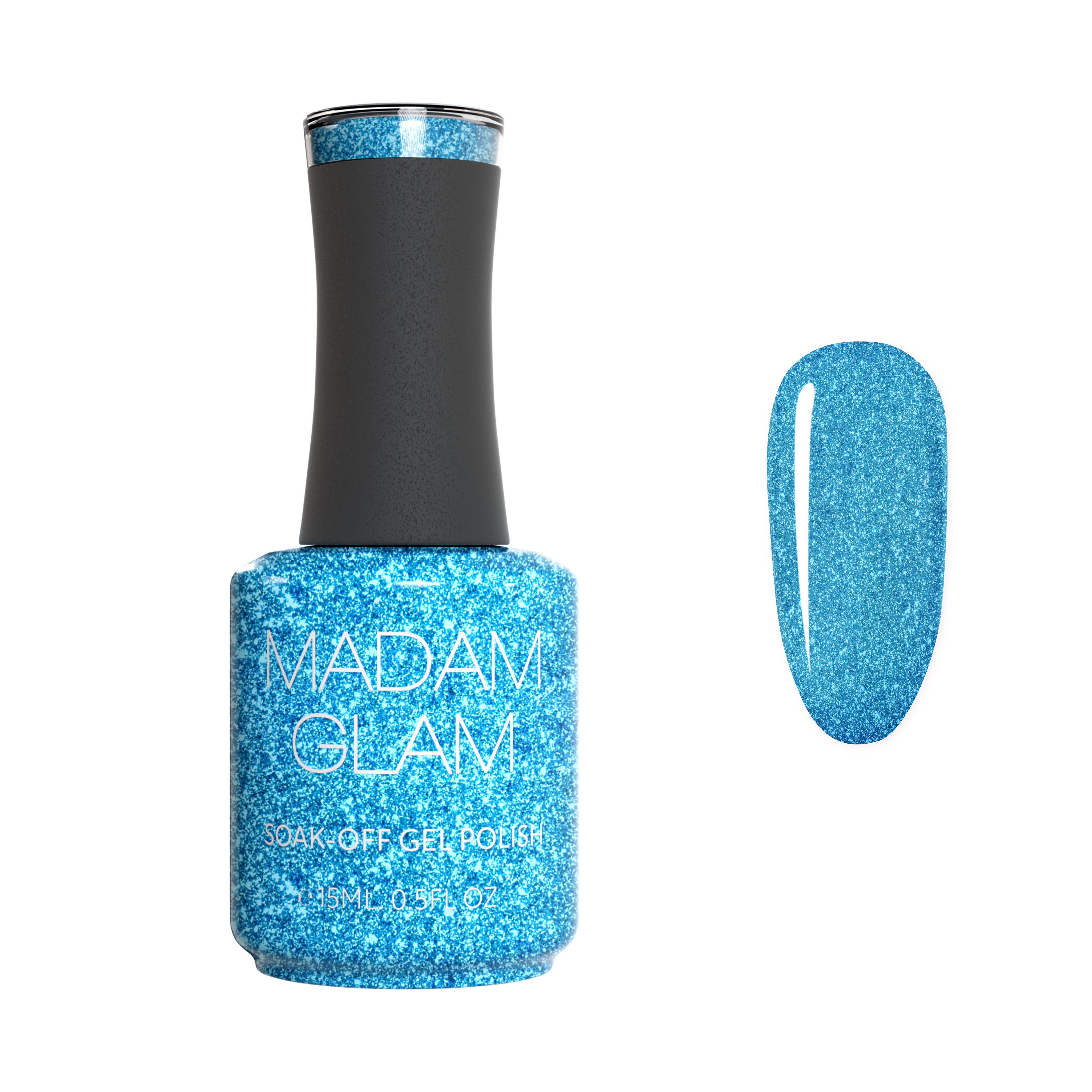 Madam Glam Aqua Shine nail polish bottle with vibrant blue color and sleek design, showcasing the product label and packaging.