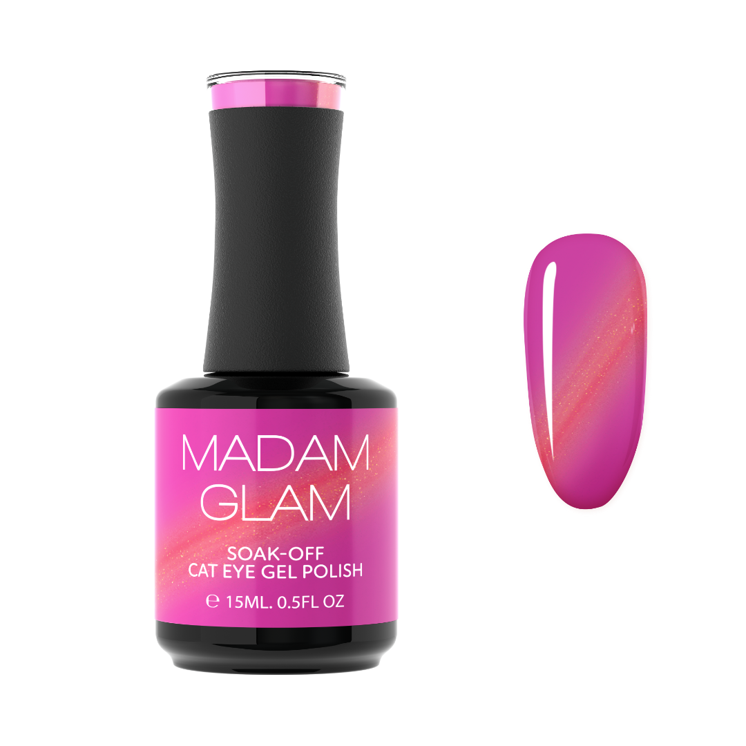 Madam Glam Cafeteria Crush nail polish bottle with vibrant pink shade and label, close-up of the product on a white background.