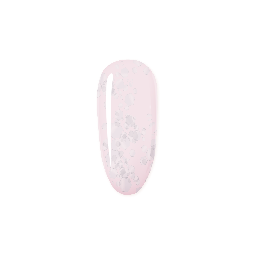 Madam Glam Glitter Nude Pink nail polish in a shimmering nude pink shade, displayed in a sleek bottle with a clear cap.