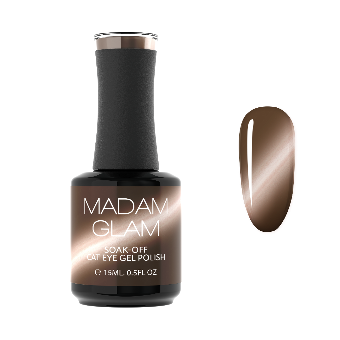 Madam Glam Harvest Glow nail polish bottle with vibrant orange and gold shimmer, showcasing the product on a white background.