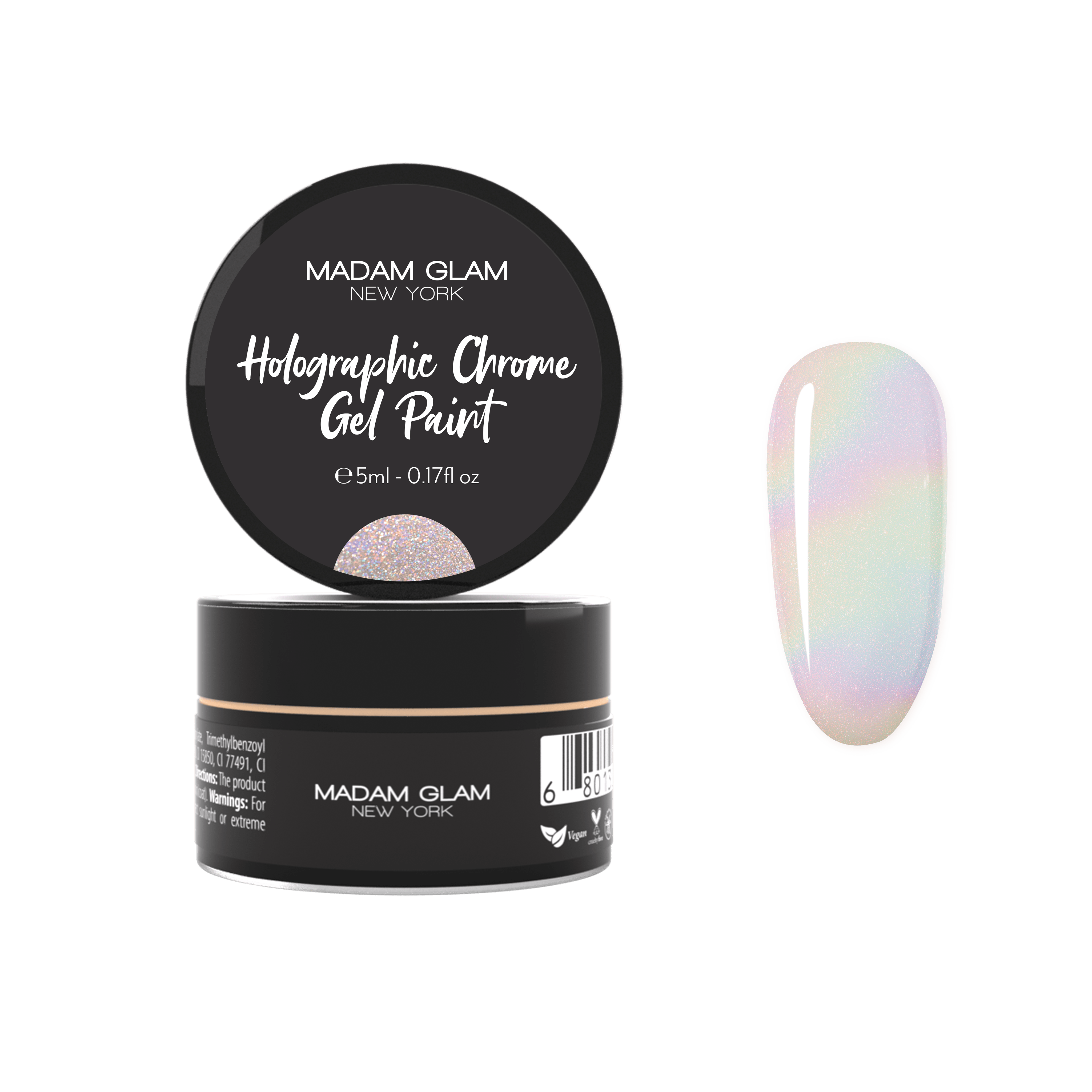Holographic chrome gel paint by Madam Glam featuring a shiny, reflective holographic finish on a gel nail product
