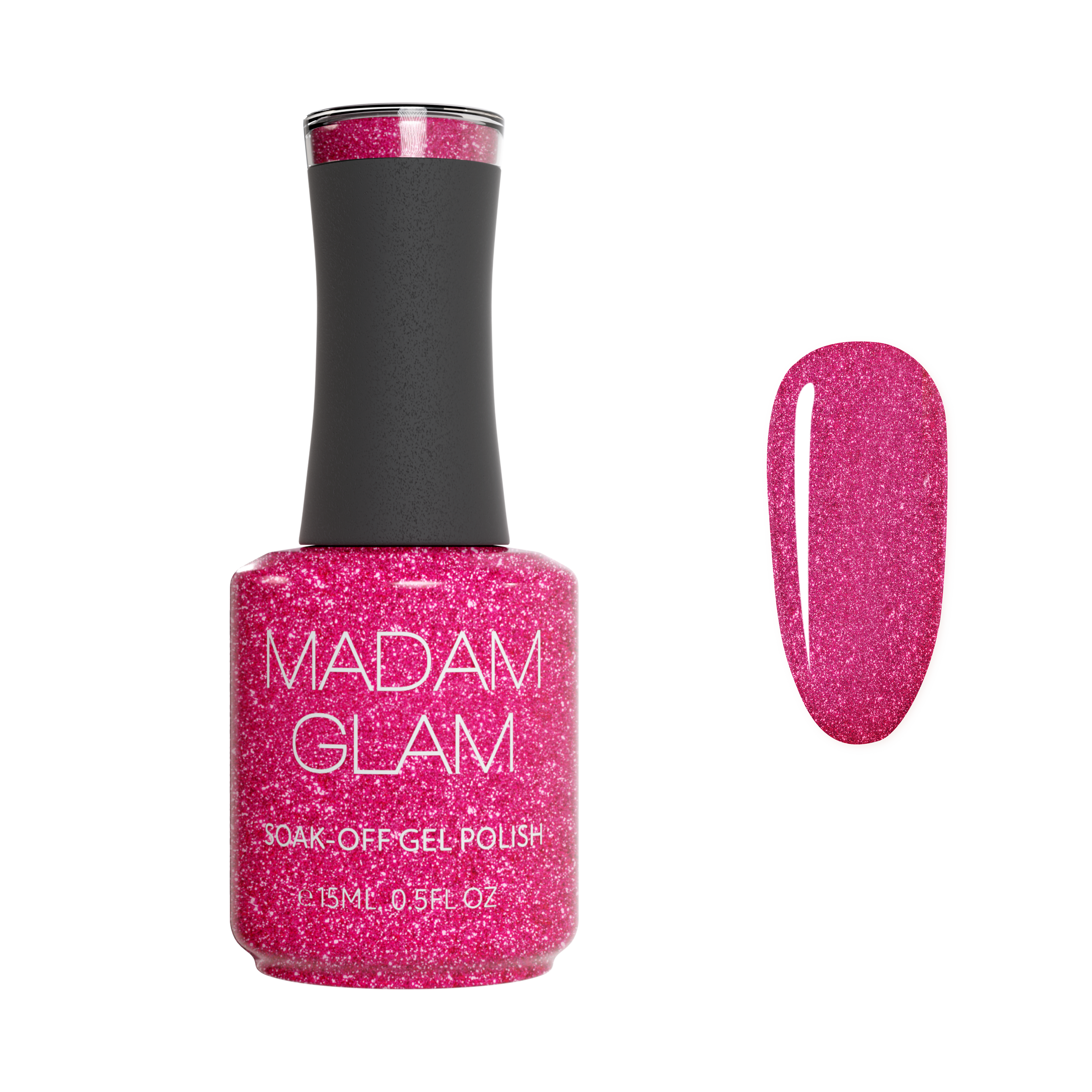 Madam Glam Raspberry Kiss nail polish bottle with vibrant pink color and sleek packaging.
