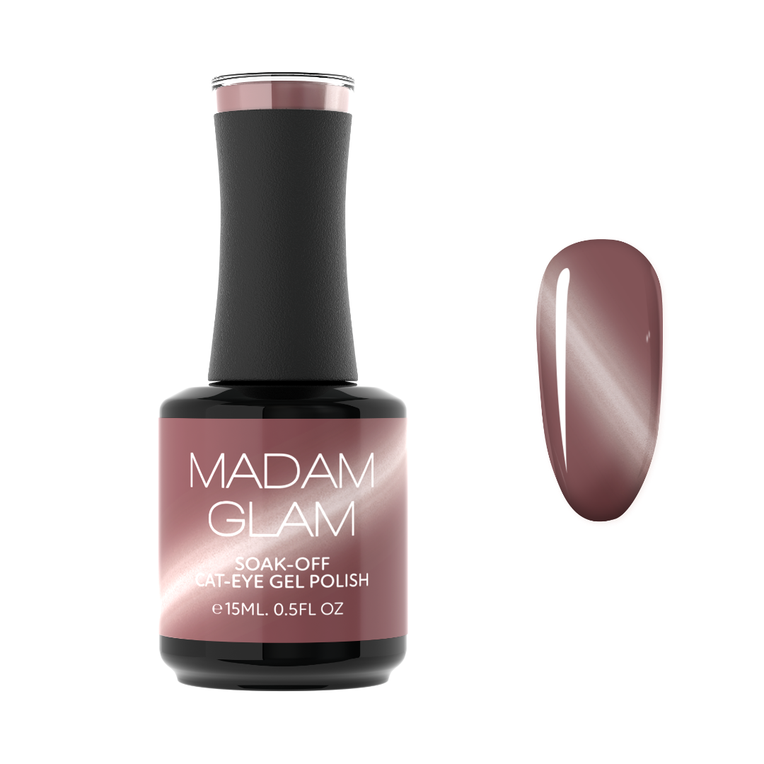 Madam Glam Rose Taupe nail polish bottle with the color swatch showing a soft taupe-pink shade.