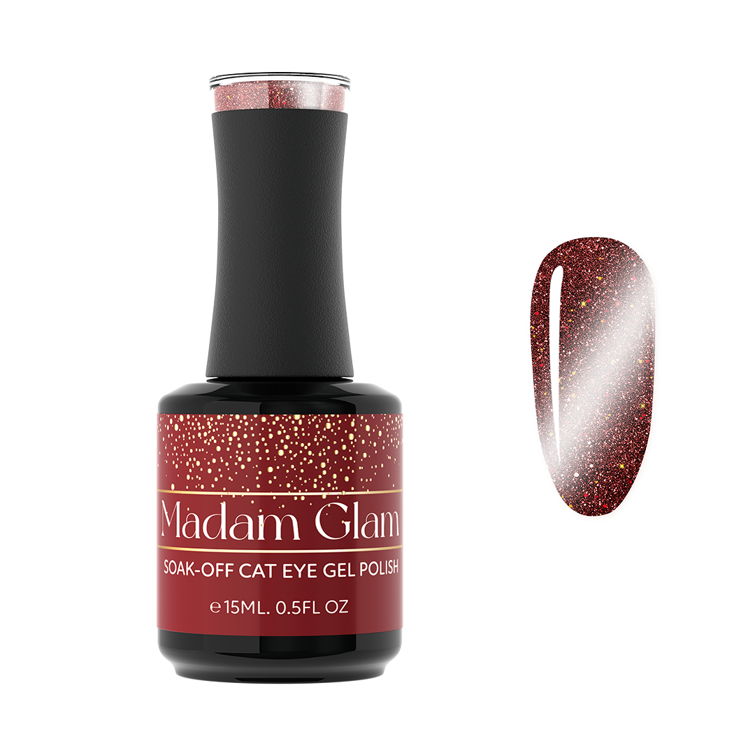 Madam Glam Ruby Bells nail polish bottle with a vibrant red shade and elegant packaging.