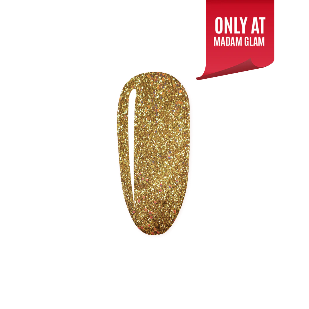 Madam Glam Santa's Treasure nail polish bottle with festive red and gold packaging, featuring holiday-themed design.