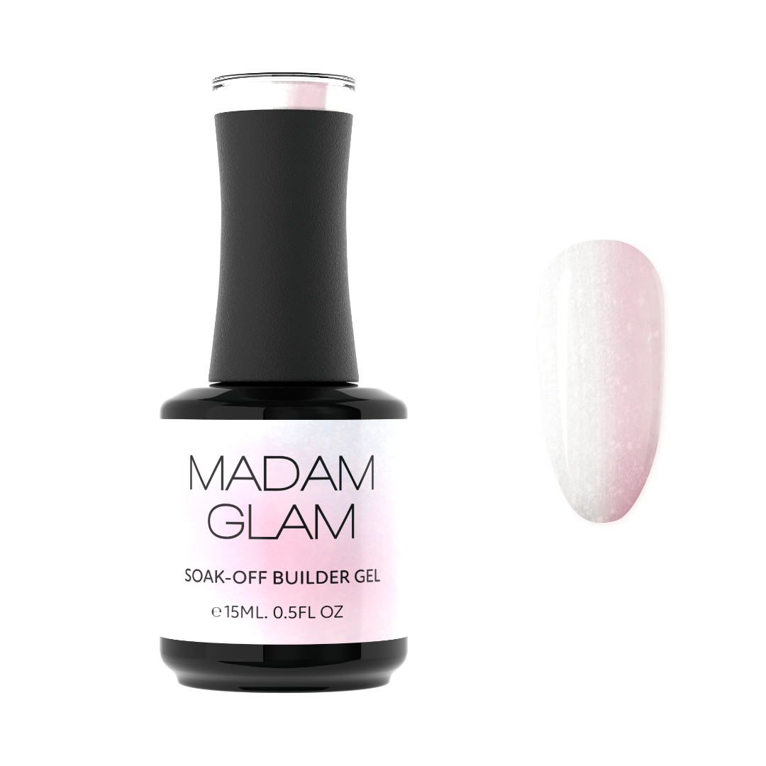 Madam Glam Shimmer Aurora nail polish bottle with shimmering, iridescent finish in a sleek glass container.