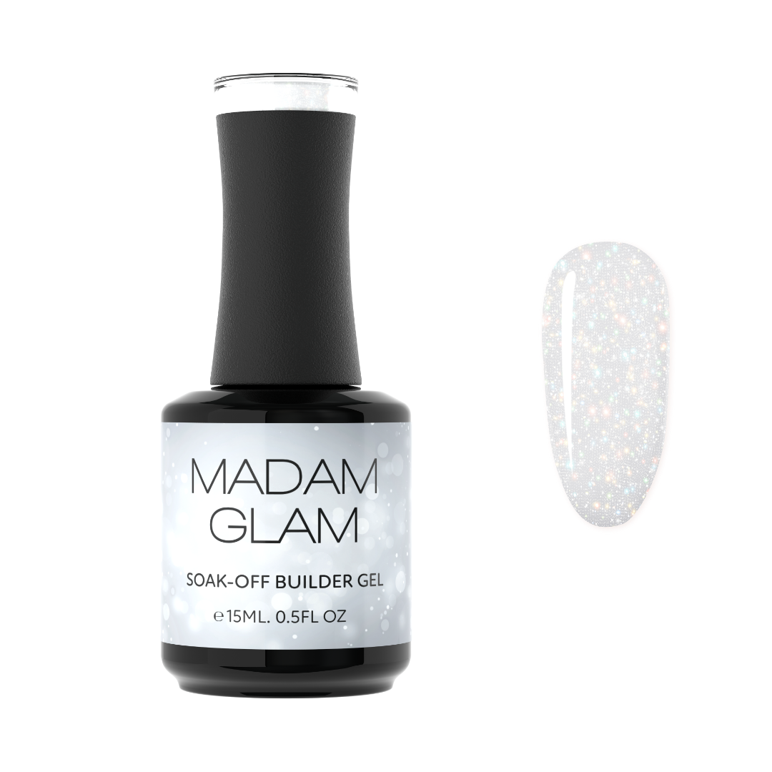 Shimmer Clear nail polish by Madam Glam with a transparent, sparkling finish and glossy appearance.