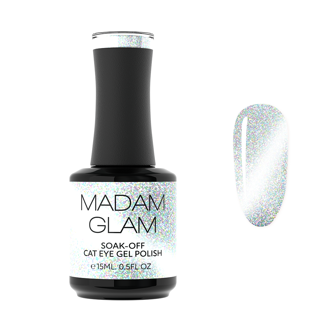 Silver Glory gel nail polish by Madam Glam with a shiny silver finish, displayed in a close-up image.