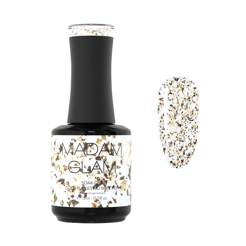 Madam Glam Touches of Gold nail polish bottle with gold-colored cap and clear label, displayed against a plain background.