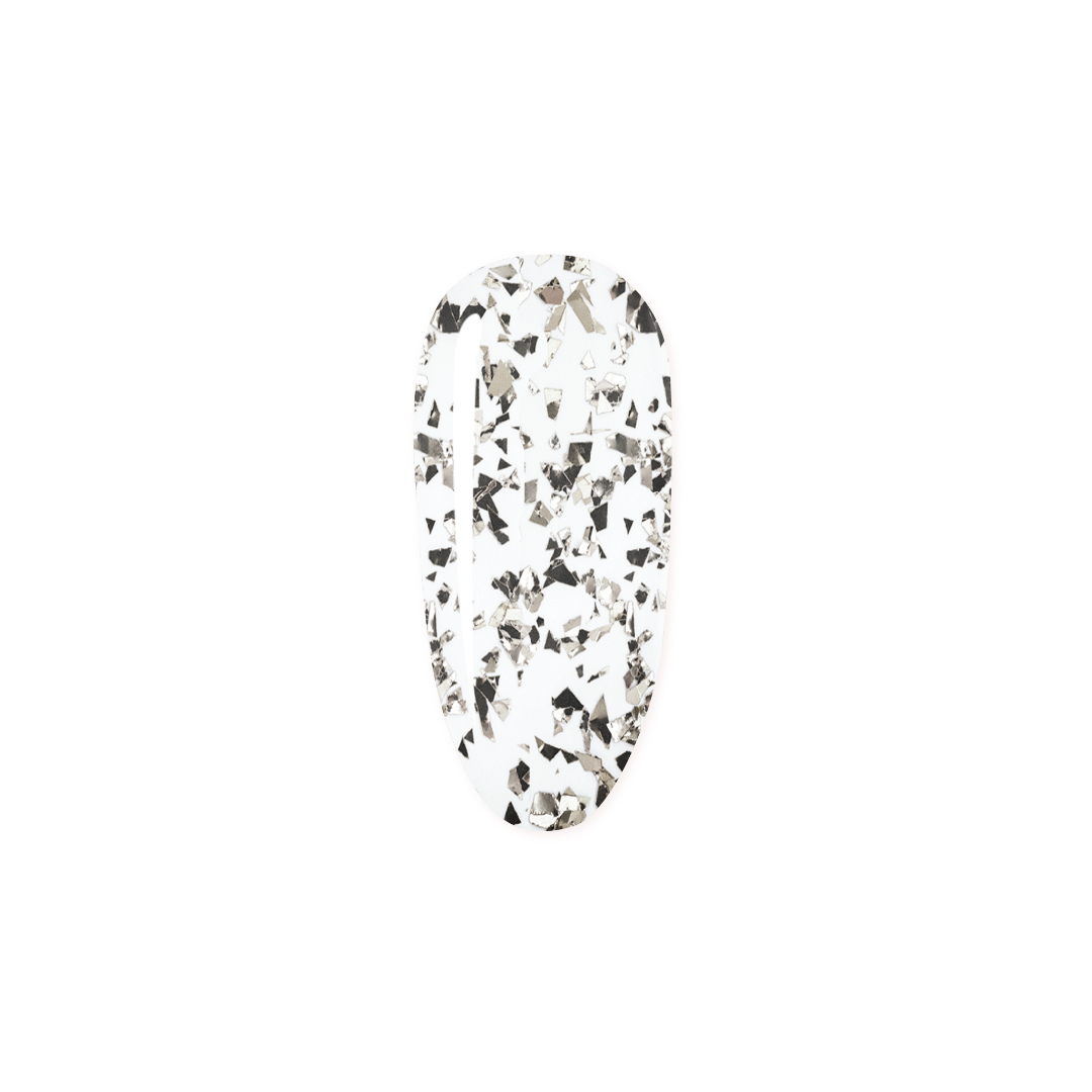 Madam Glam Touches of Silver nail polish bottle with silver glitter finish, showcasing the product's elegant packaging and shimmer design.