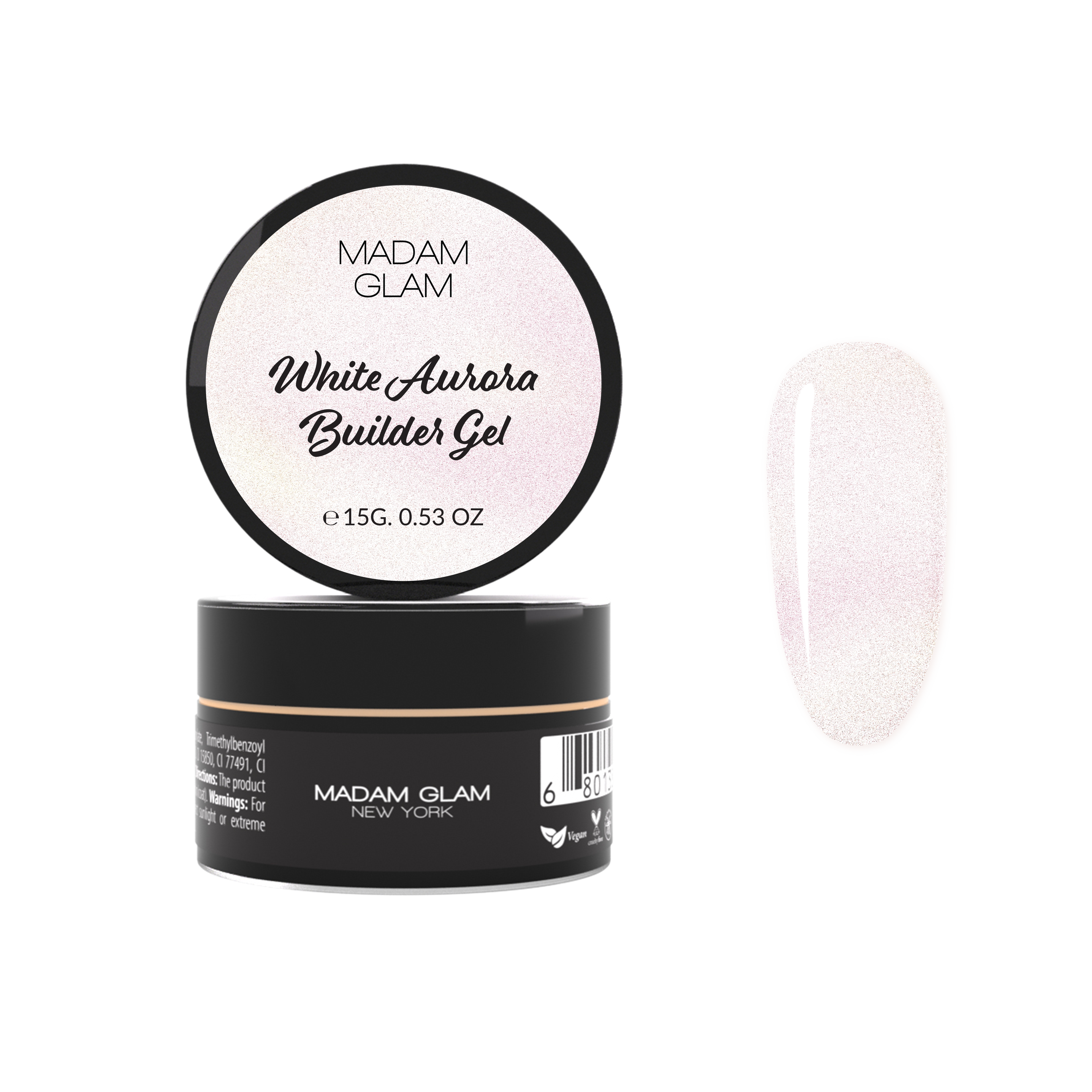 White Aurora gel polish by Madam Glam featuring a shimmering white finish with iridescent, luminous effects.