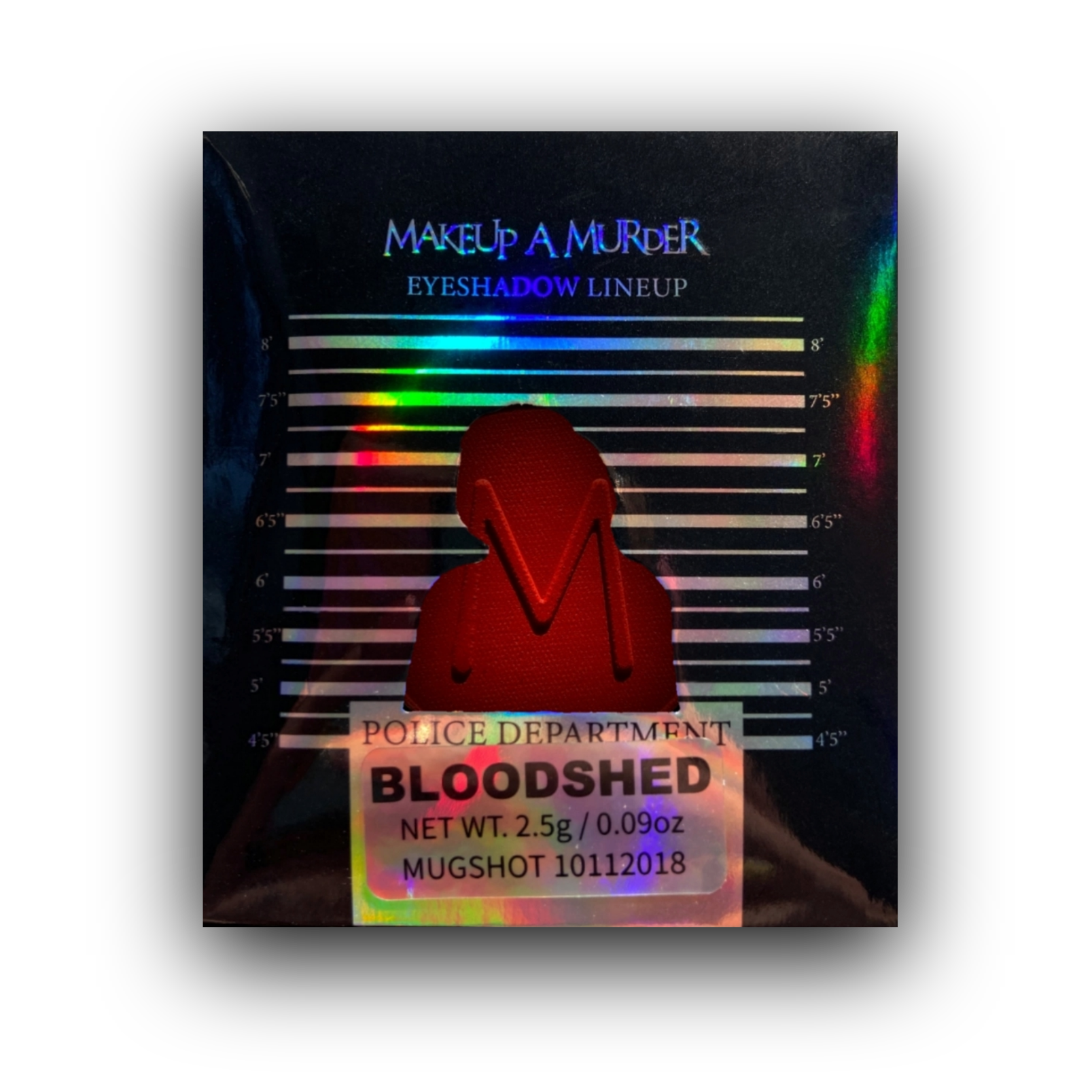 Makeup A Murder, INC Bloodshed eyeshadow lineup with various vibrant and dark shades displayed in a palette.
