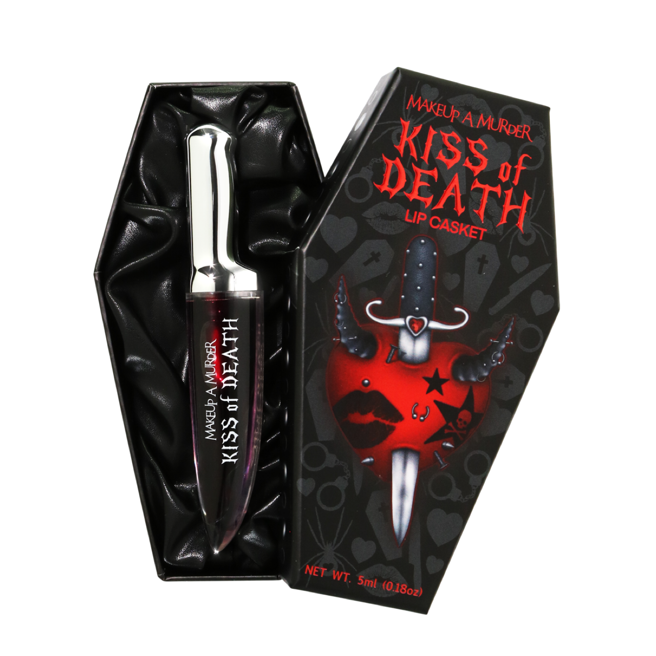 Makeup A Murder, INC Kiss of Death Bloody Lip Stains lipgloss in deep red with bloody effect, displayed on a model's lips.