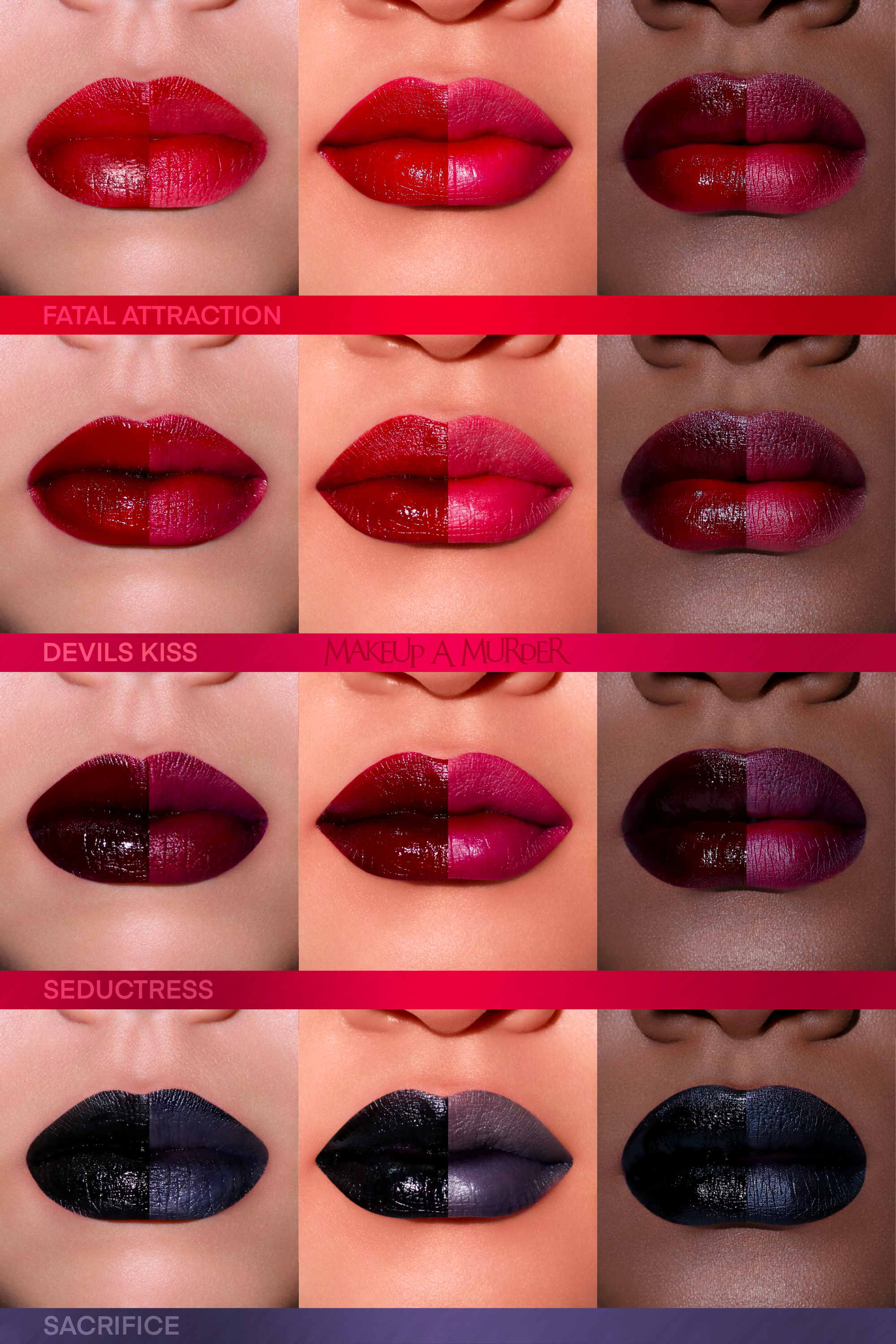 Makeup A Murder, INC KISS of DEATH Bloody Lip Stains lipgloss with a deep, bloody red shade and glossy finish.