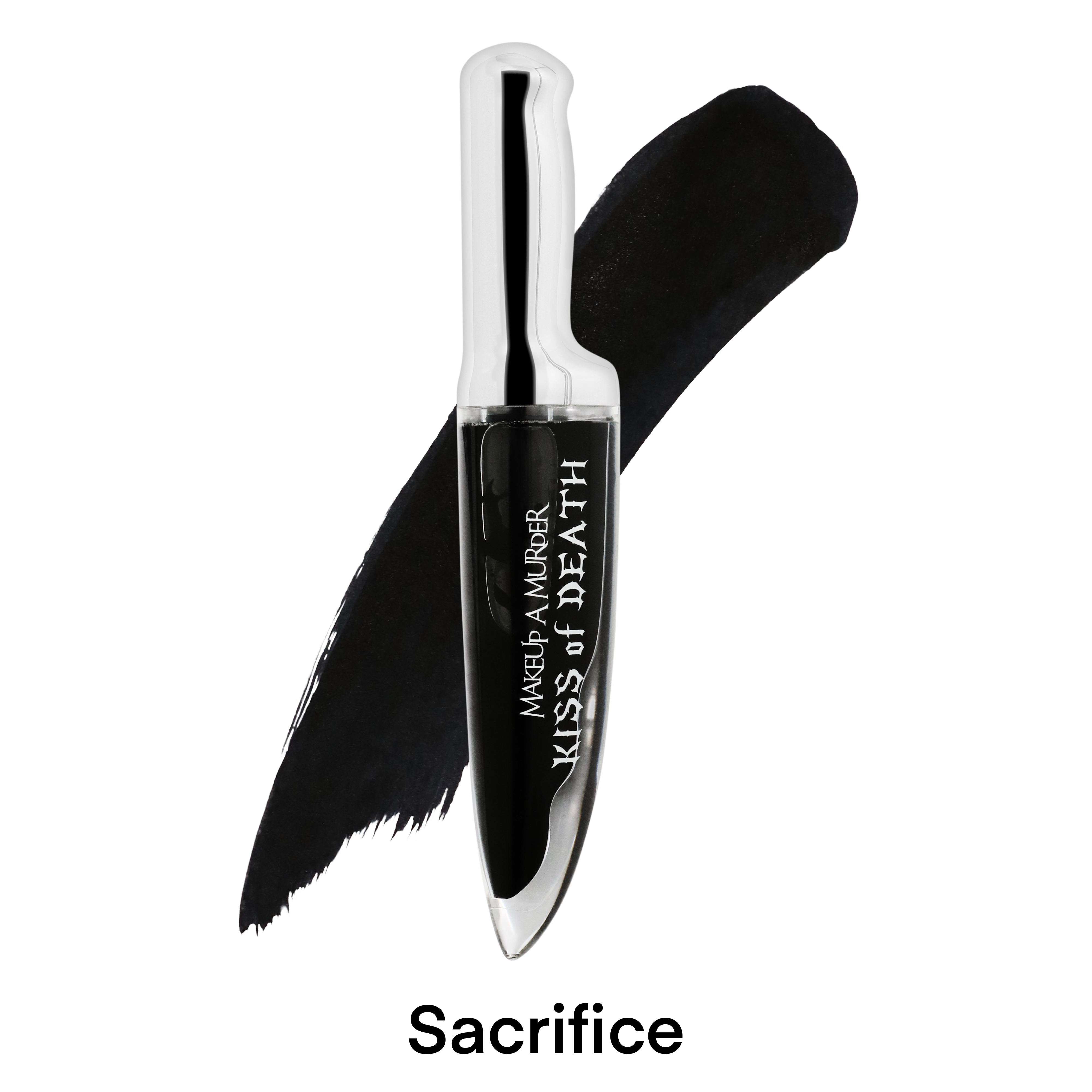KISS of DEATH Bloody Lip Stains lipgloss by Makeup A Murder, INC, featuring a deep red, blood-inspired color in a sleek tube.