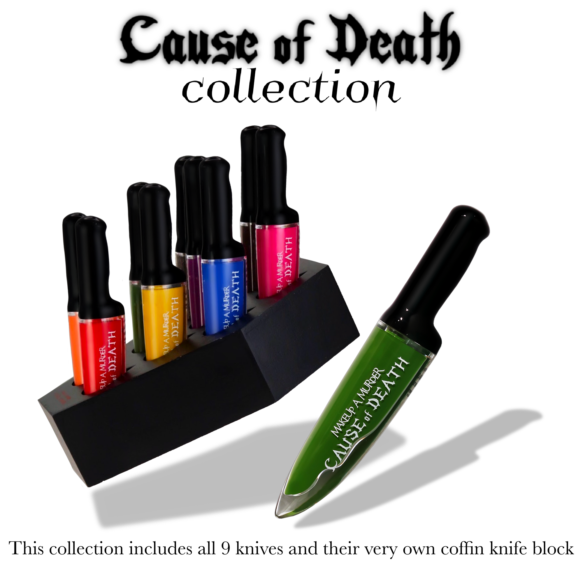 Makeup A Murder, INC rainbow liquid eyeshadow collection in a red coffin-shaped master palette with vibrant shades.