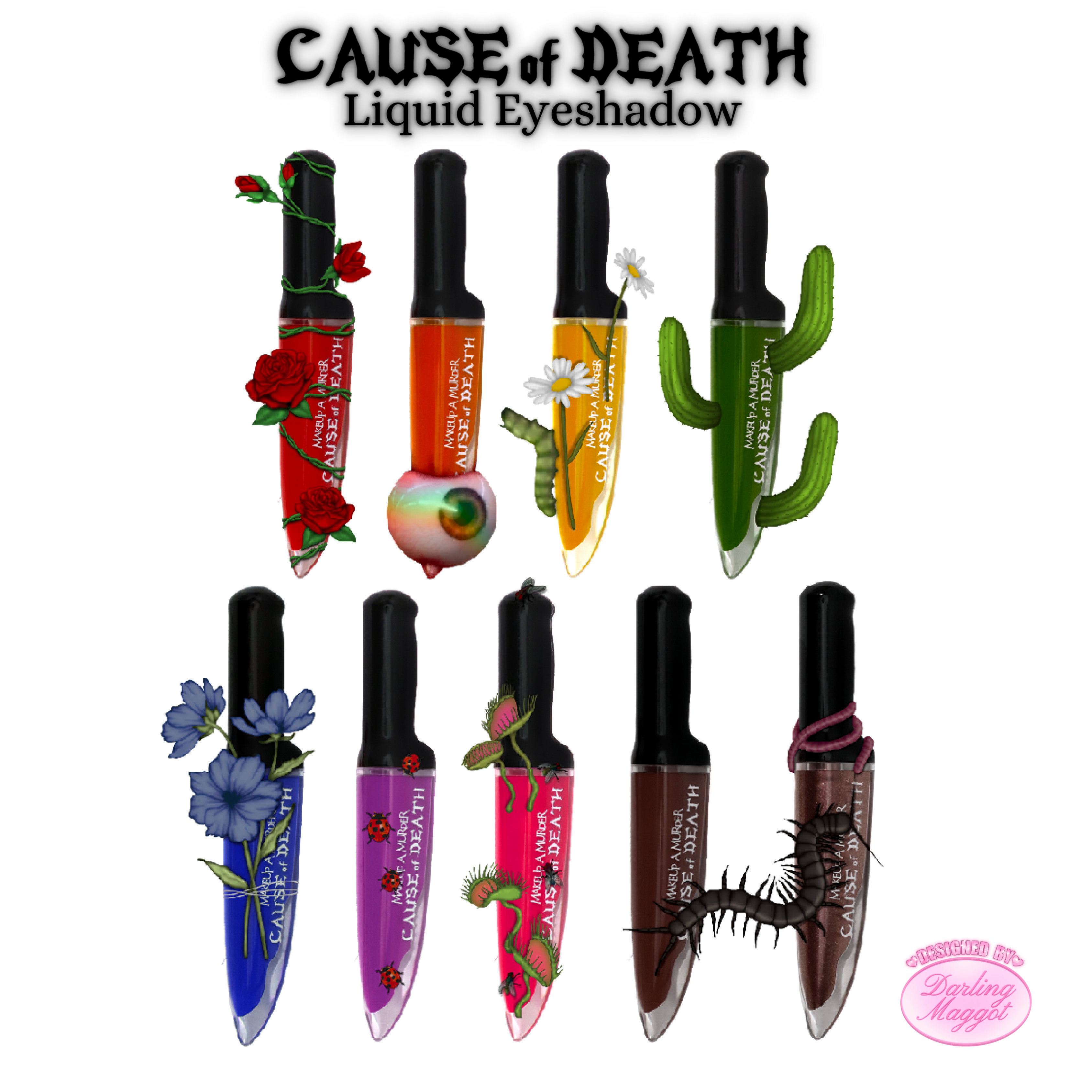 Makeup A Murder, INC Rainbow Liquid Eyeshadow Collection in red coffin packaging, featuring vibrant, shimmering shades for bold eye looks.