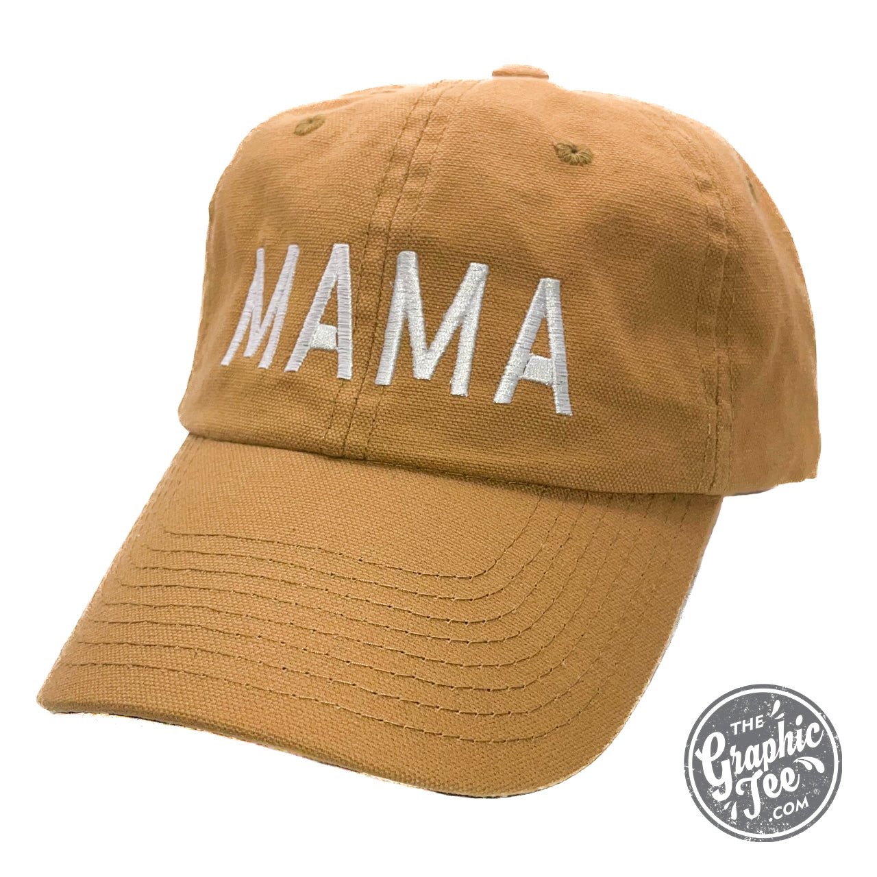 Camel brown Mama cap by The Graphic Tee featuring a curved brim and adjustable strap, casual unisex headwear.