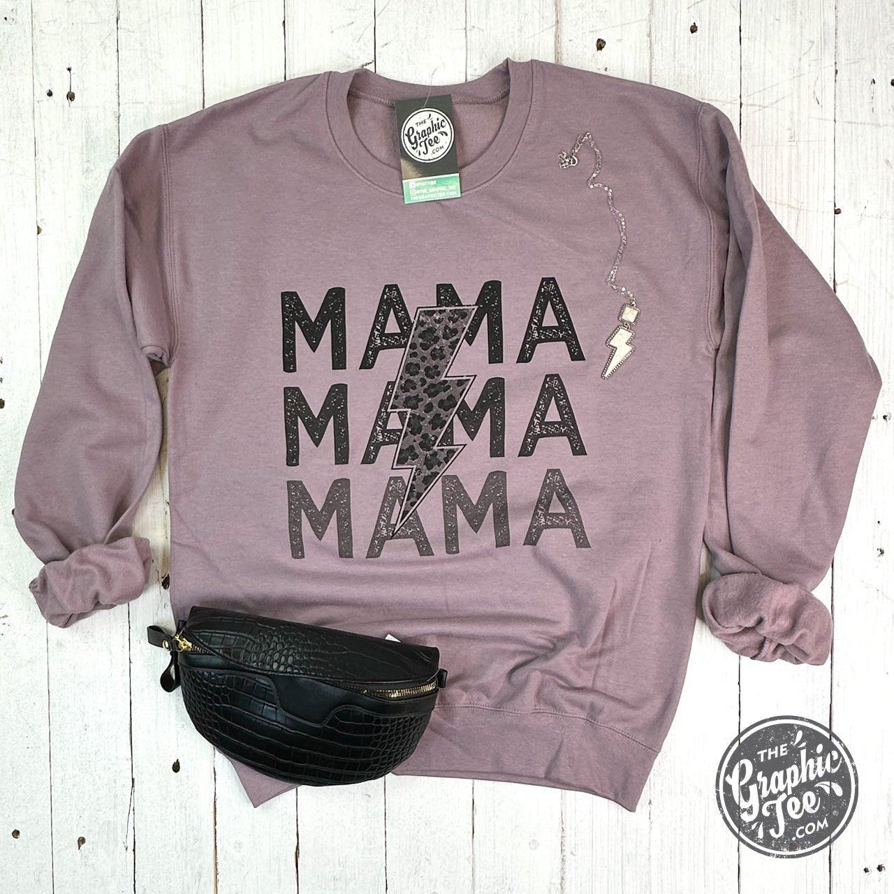 Mama Lightning Bolt Crewneck Sweatshirt from The Graphic Tee, featuring a bold lightning bolt graphic on soft, comfortable fabric.