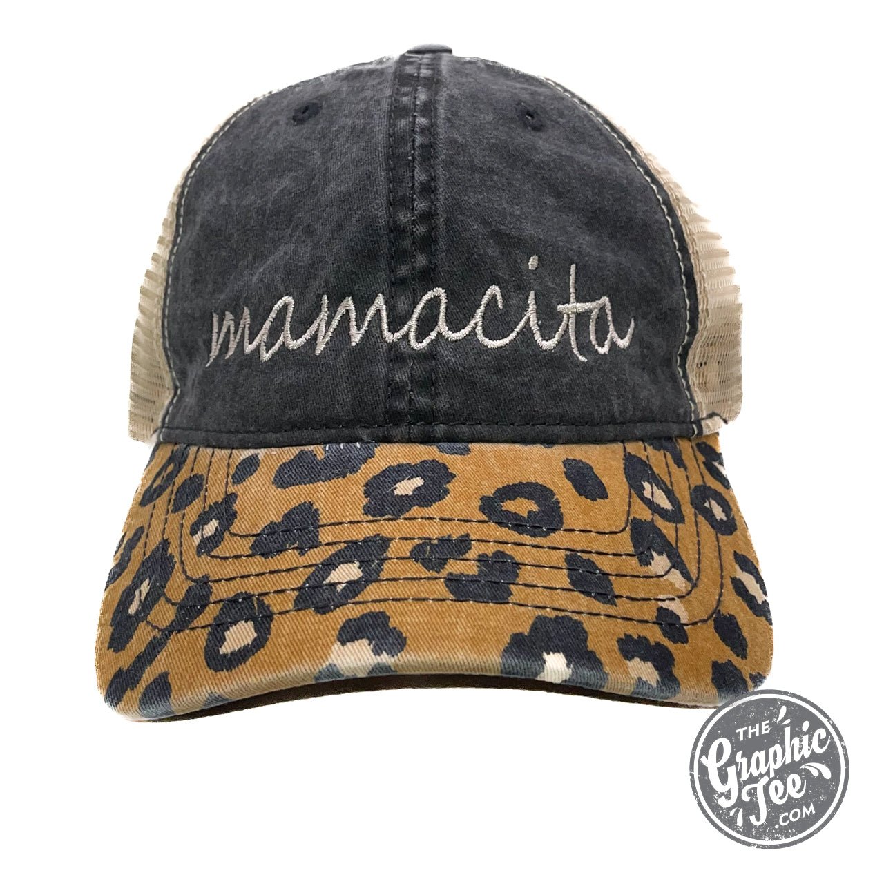 Mamacita leopard bill cap by The Graphic Tee featuring a stylish leopard print design and adjustable strap