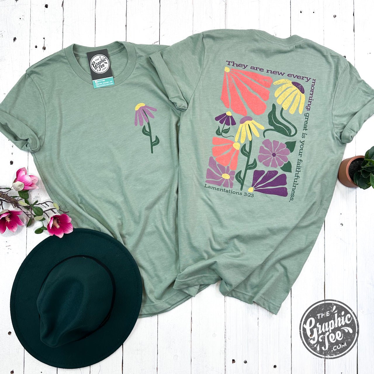 The Graphic Tee Mercies short sleeve crew neck graphic T-shirt in soft fabric, featuring a printed design on the front.