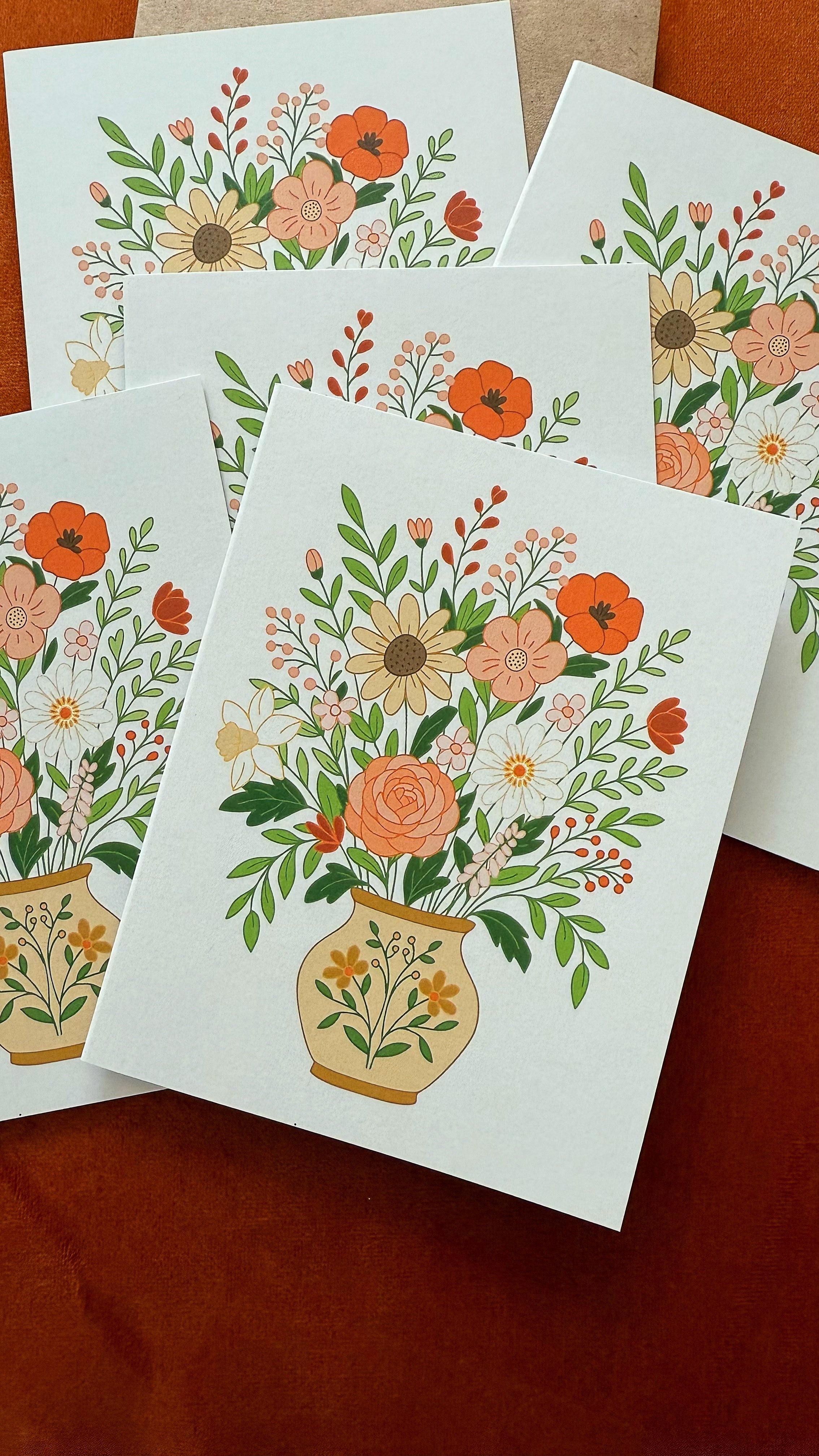 Wildflower vase design greeting card by Mindfulnice, ideal for all occasions with colorful floral artwork on the front.