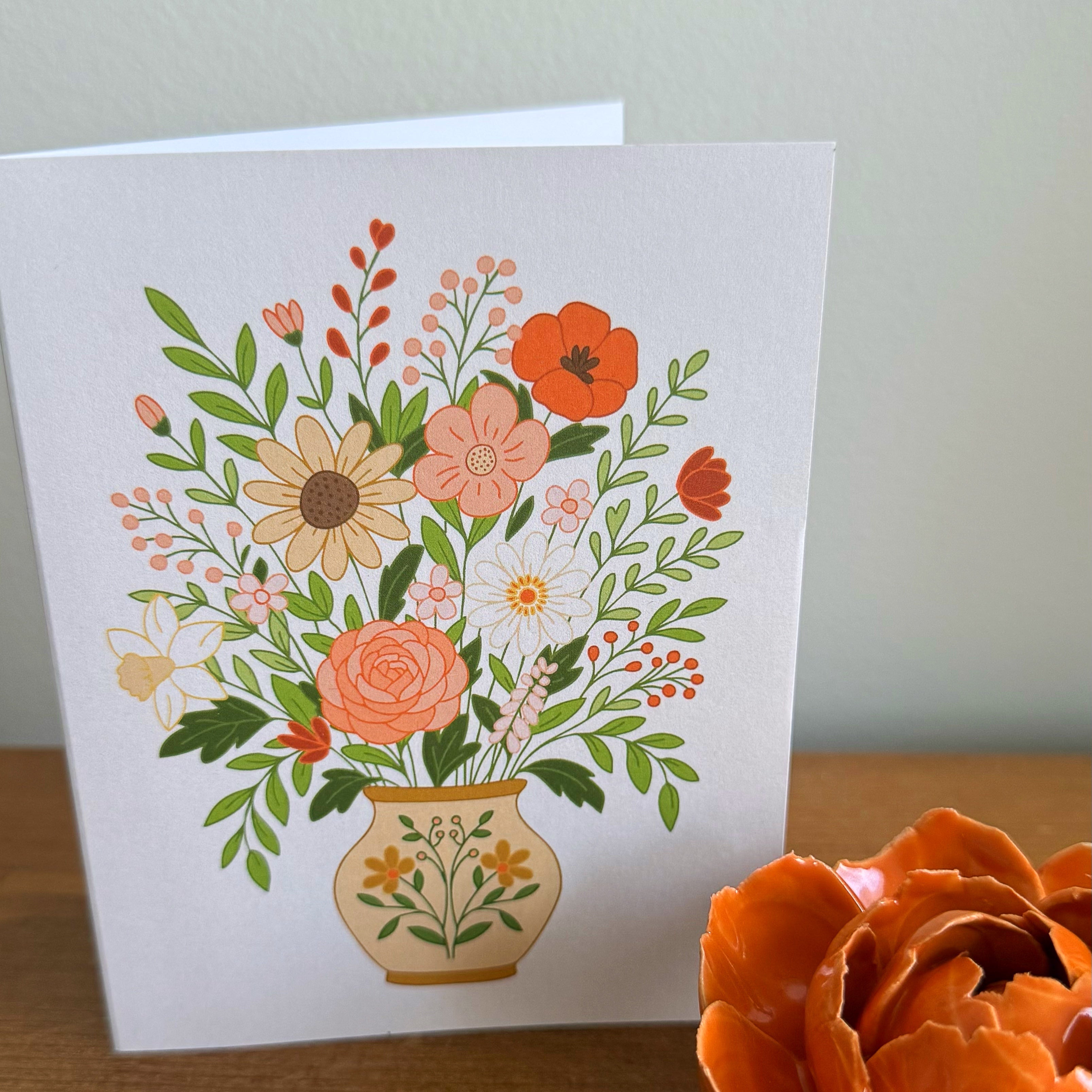 Wildflower vase all-occasion greeting card by Mindfulnice featuring a colorful floral design and elegant script on the front.