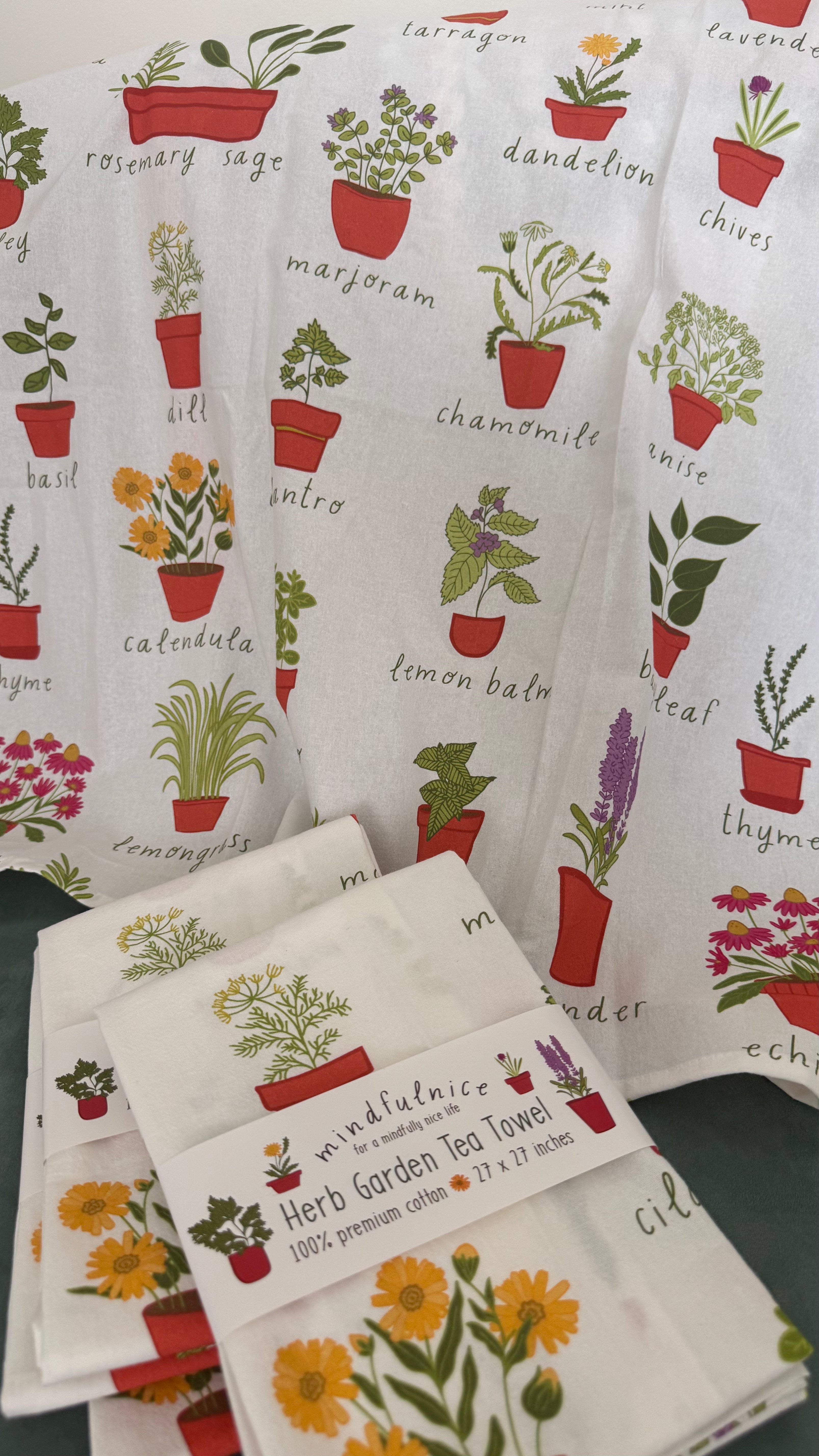 Herb Garden Tea Towel by Mindfulnice featuring botanical herb illustrations on a white kitchen towel.
