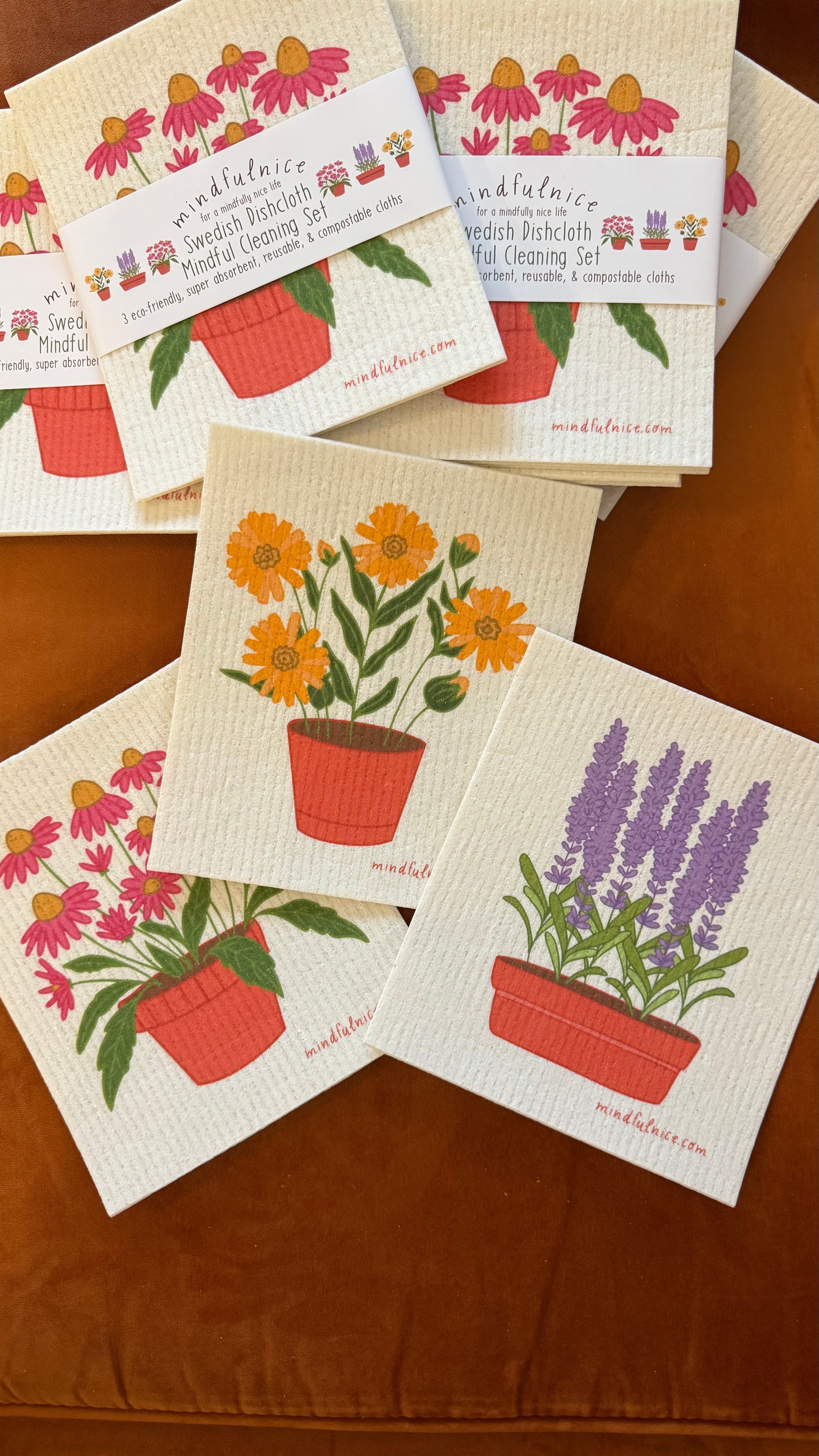 Set of Mindful Cleaning Swedish dishcloths by Mindfulnice, eco-friendly kitchen cleaning cloths for gift-giving.