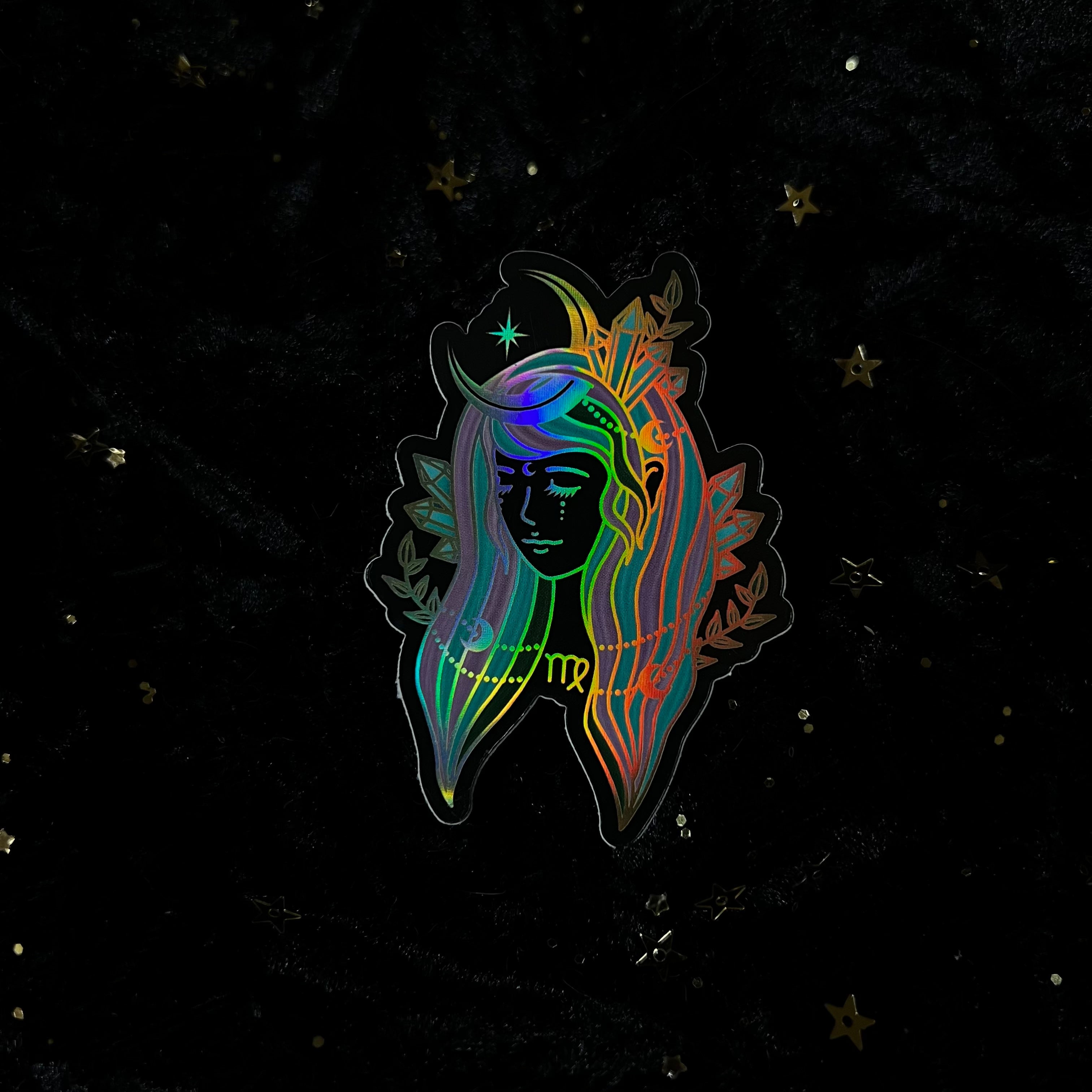 Moonstruck Crystals zodiac crystals sticker featuring colorful gemstone illustrations representing each zodiac sign.