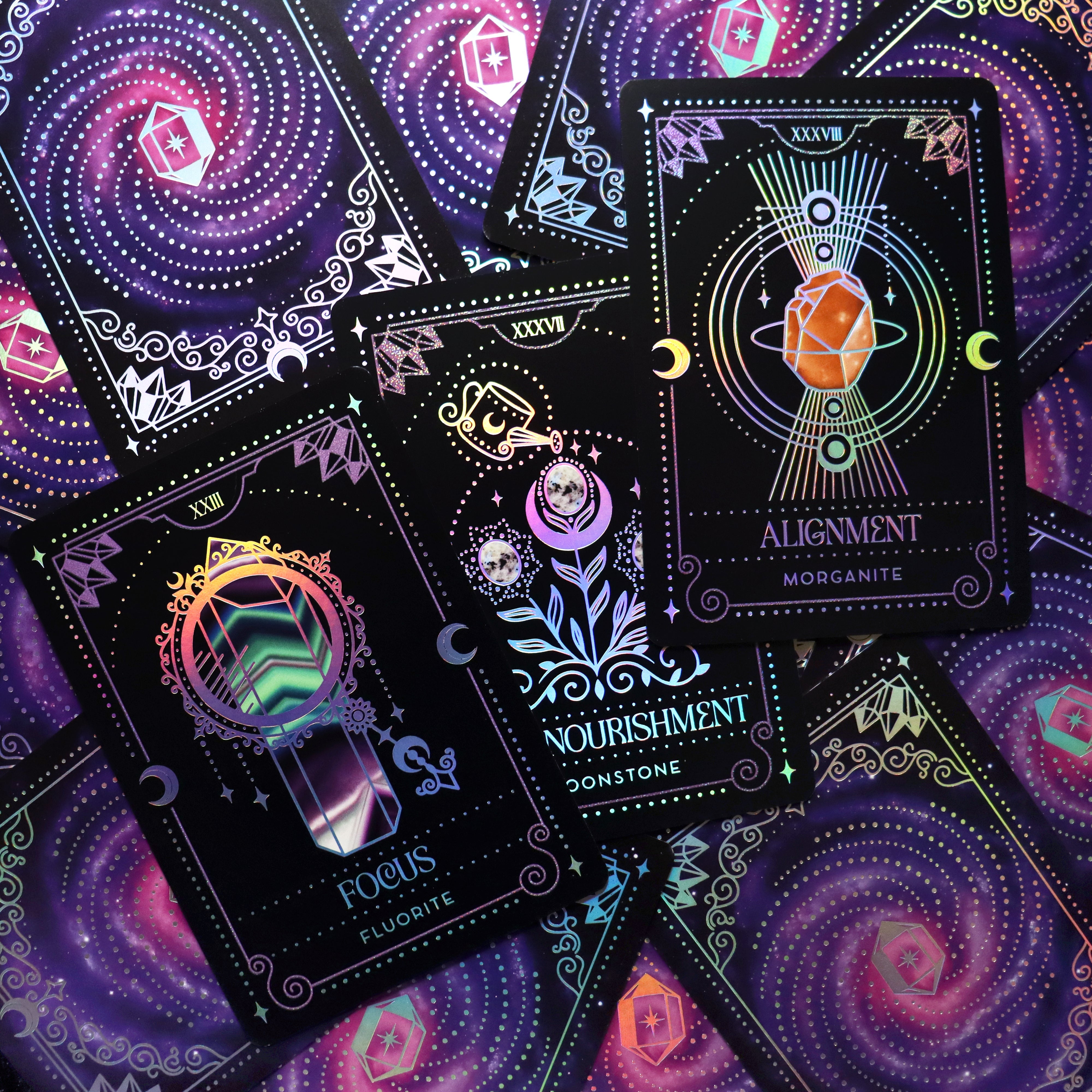 Crystal Portal Oracle Card Deck by Moonstruck Crystals, featuring a colorful array of oracle cards with mystical designs.