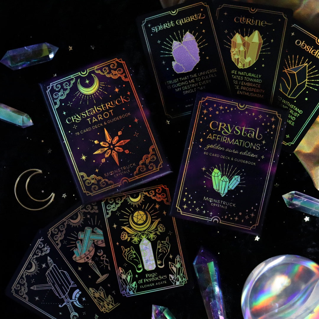 Gold Crystal Affirmations Golden Aura Edition Card Deck by Moonstruck Crystals, featuring vibrant affirmation cards with gold accents.
