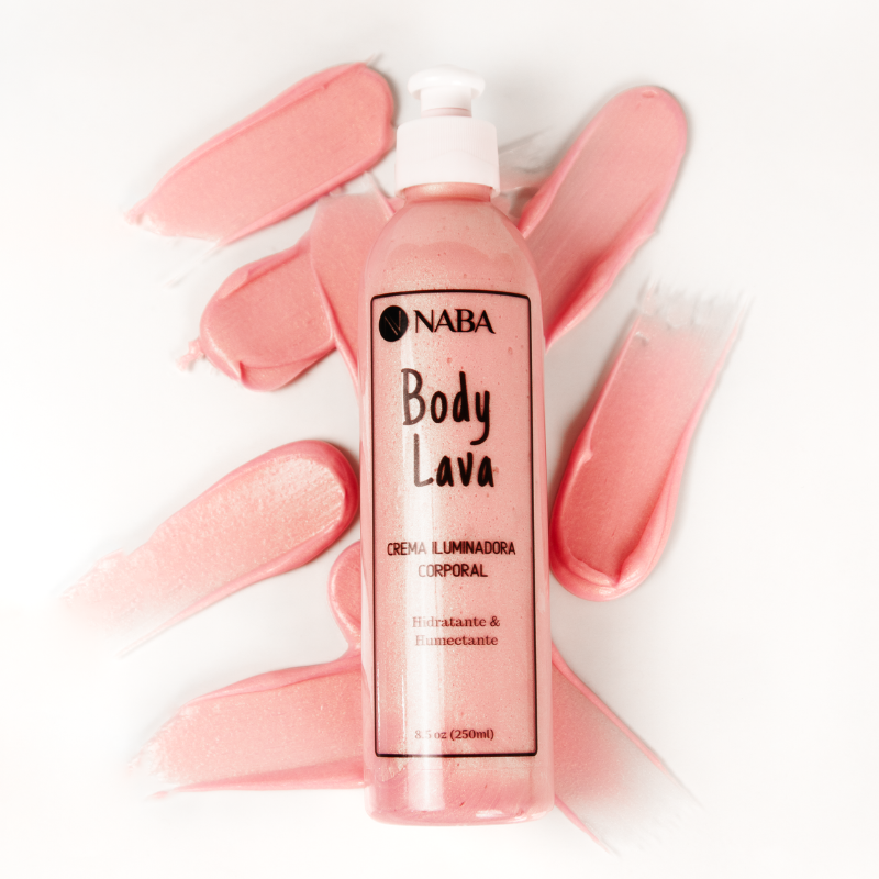 Pink Body Lava by NABA Cosmetics USA, a shimmering body highlighter with a radiant pink finish, displayed in a sleek bottle.