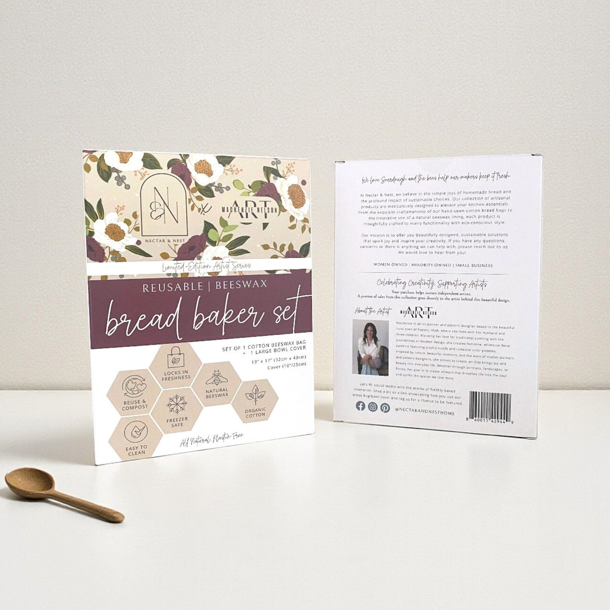 Limited-edition Nectar & Nest Artist Series Bread Baker Set with decorative toile design by Kim Morrow, includes baking tools and accessories.