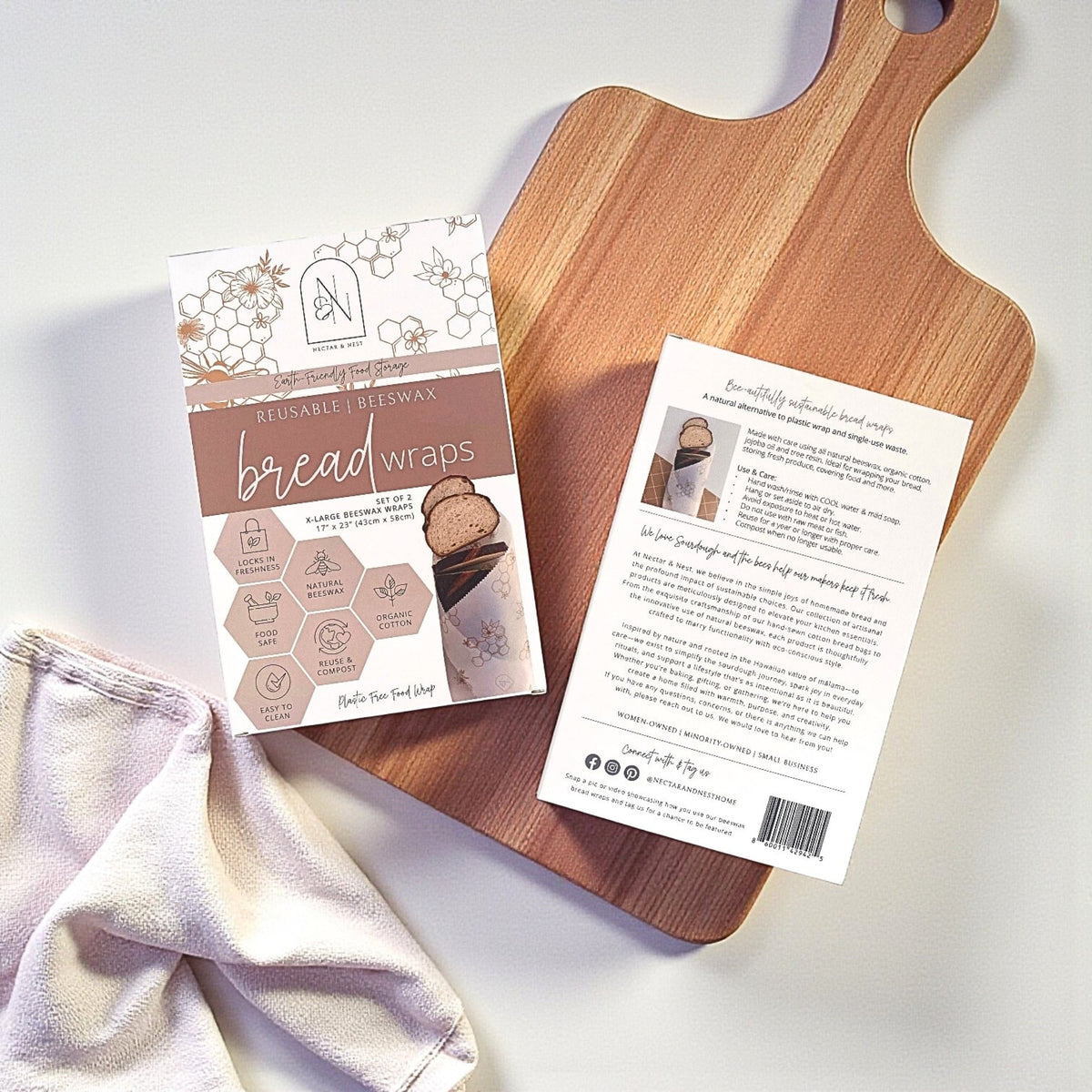 XL Beeswax Bread Wraps by Nectar & Nest featuring honeycomb pattern and twill fabric for eco-friendly bread storage.