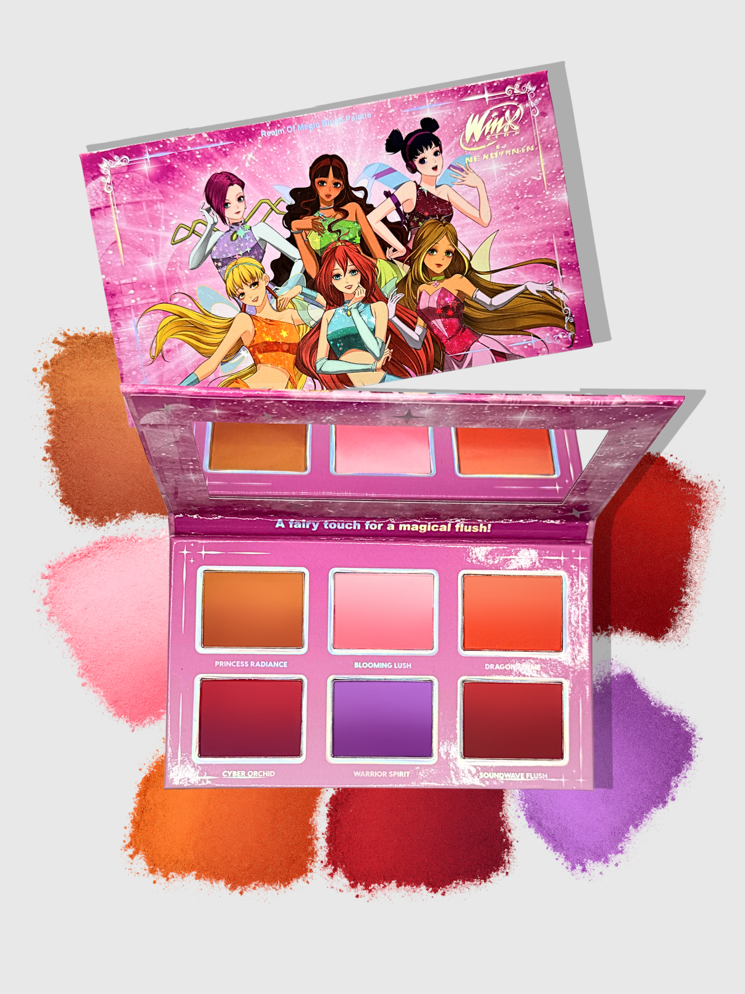 Nekoyanin Realm Of Magic blush palette with four soft pink and peach powder blushes in sleek compact.