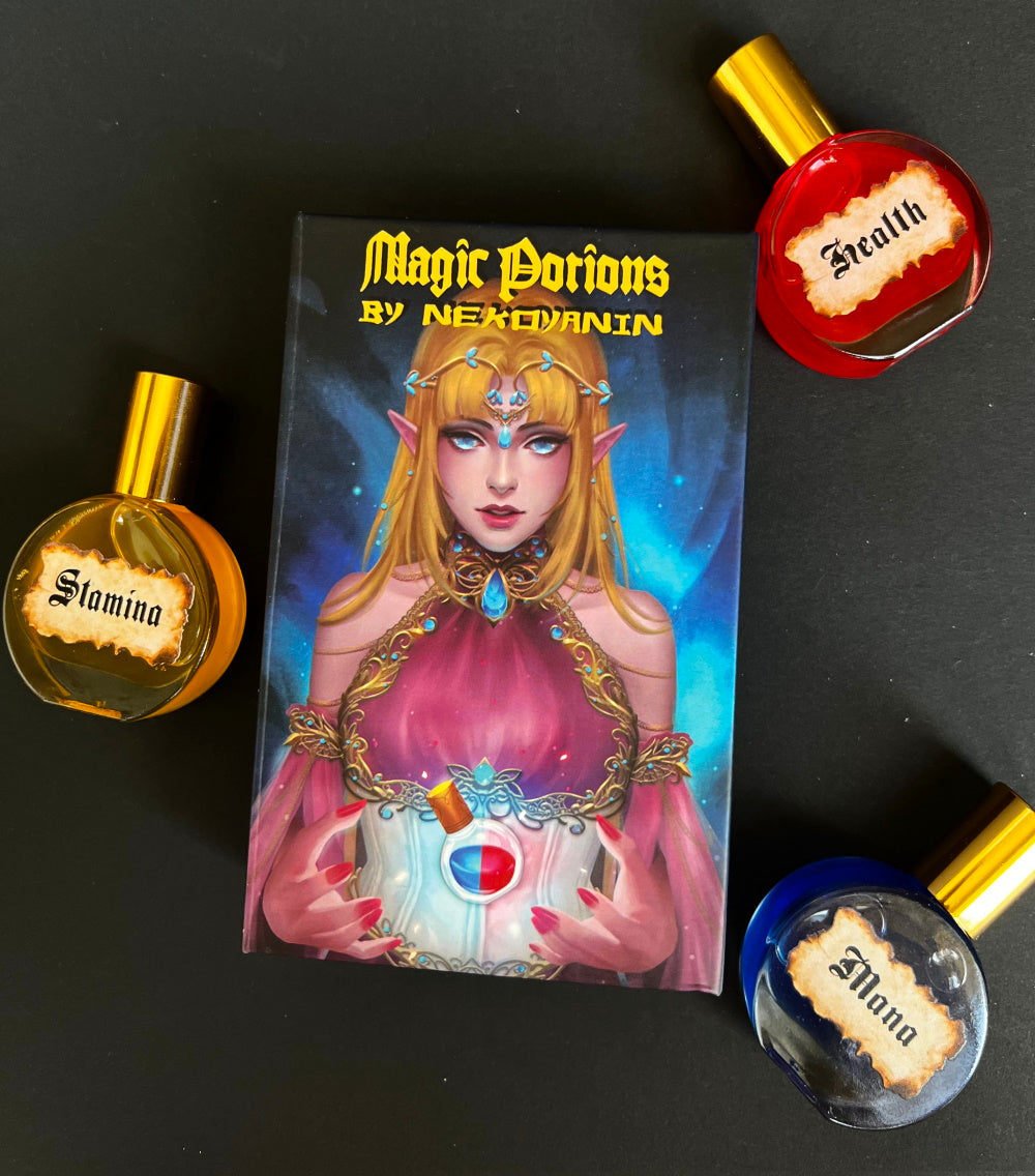 Nekoyanin Magic Potions bottles with colorful labels, set against a plain background, showcasing the fantasy-themed health elixir packaging.