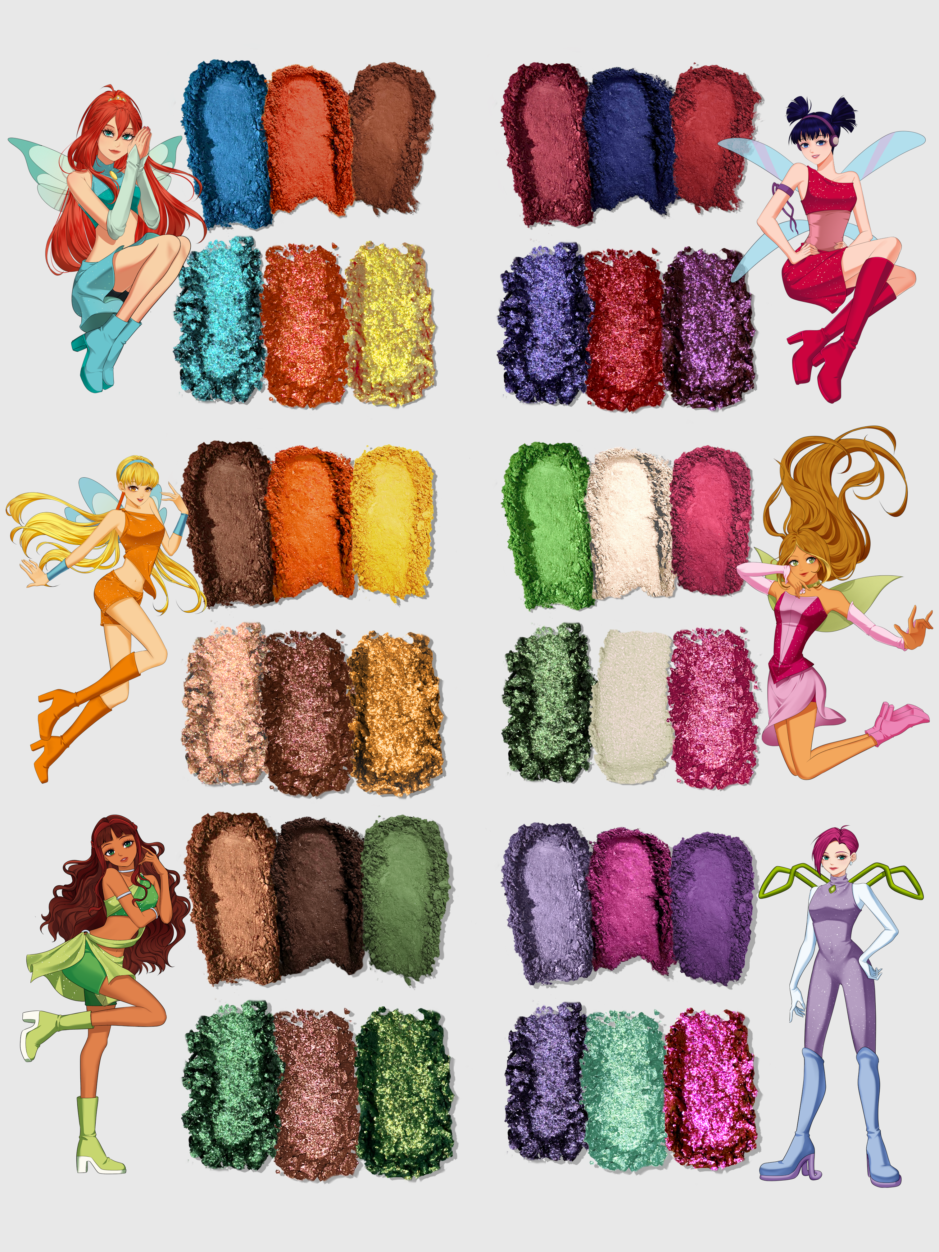 Nekoyanin x Winx Club makeup palette featuring colorful eyeshadows, blushes, and highlighters in a vibrant, themed compact.
