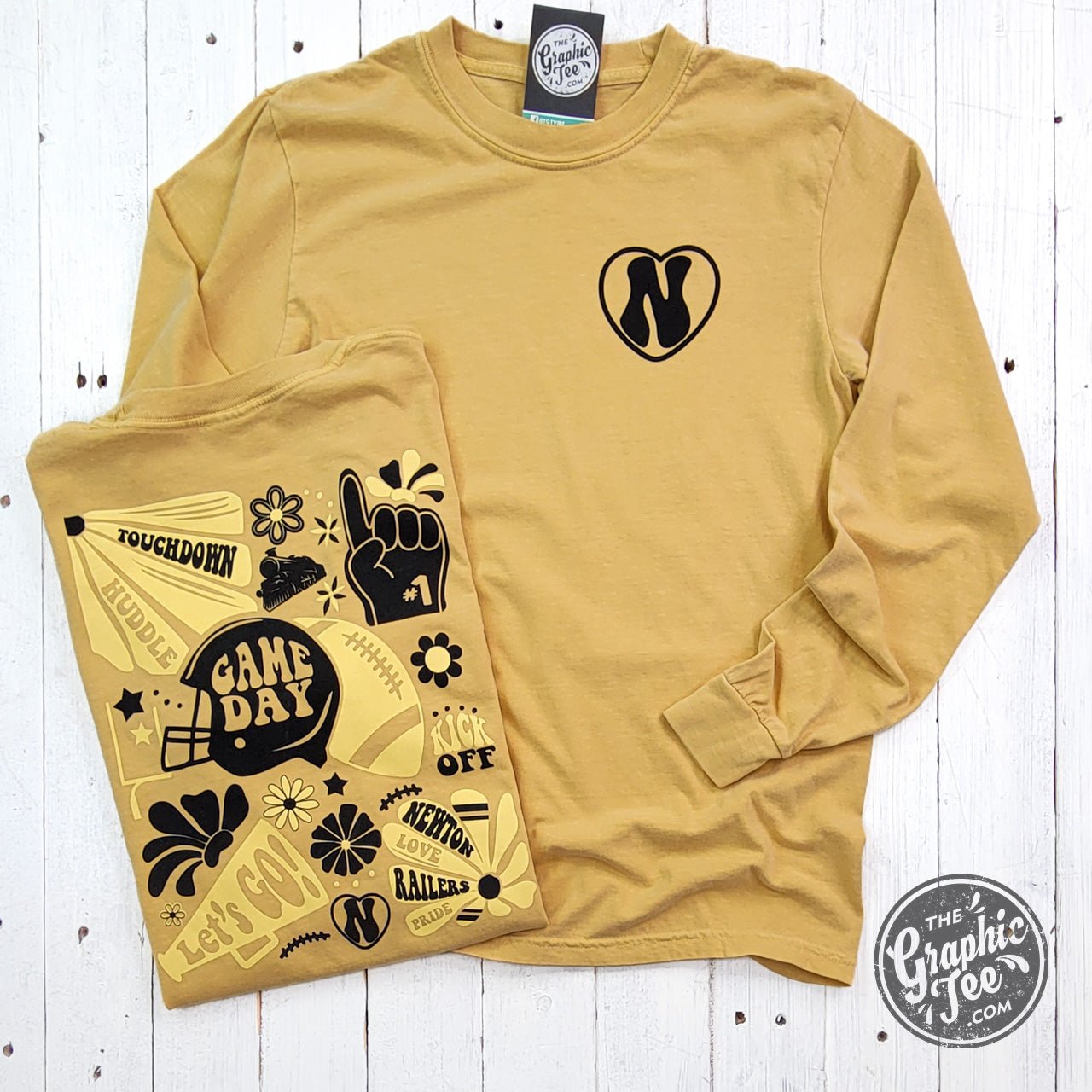 Newton Groovy Mustard Comfort Colors long sleeve graphic tee featuring colorful retro design and comfortable fit.