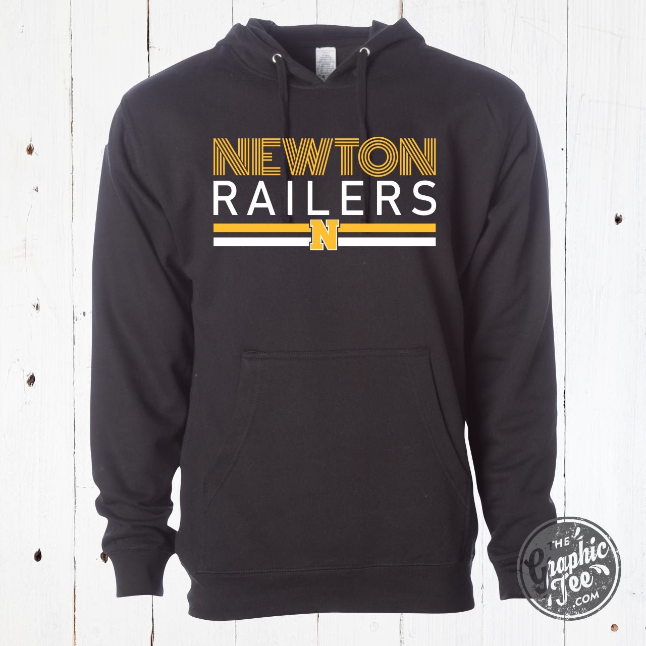 Black Newton Railers Multiline Adult Graphic Hoodie by The Graphic Tee, featuring a bold multiline design on the front.